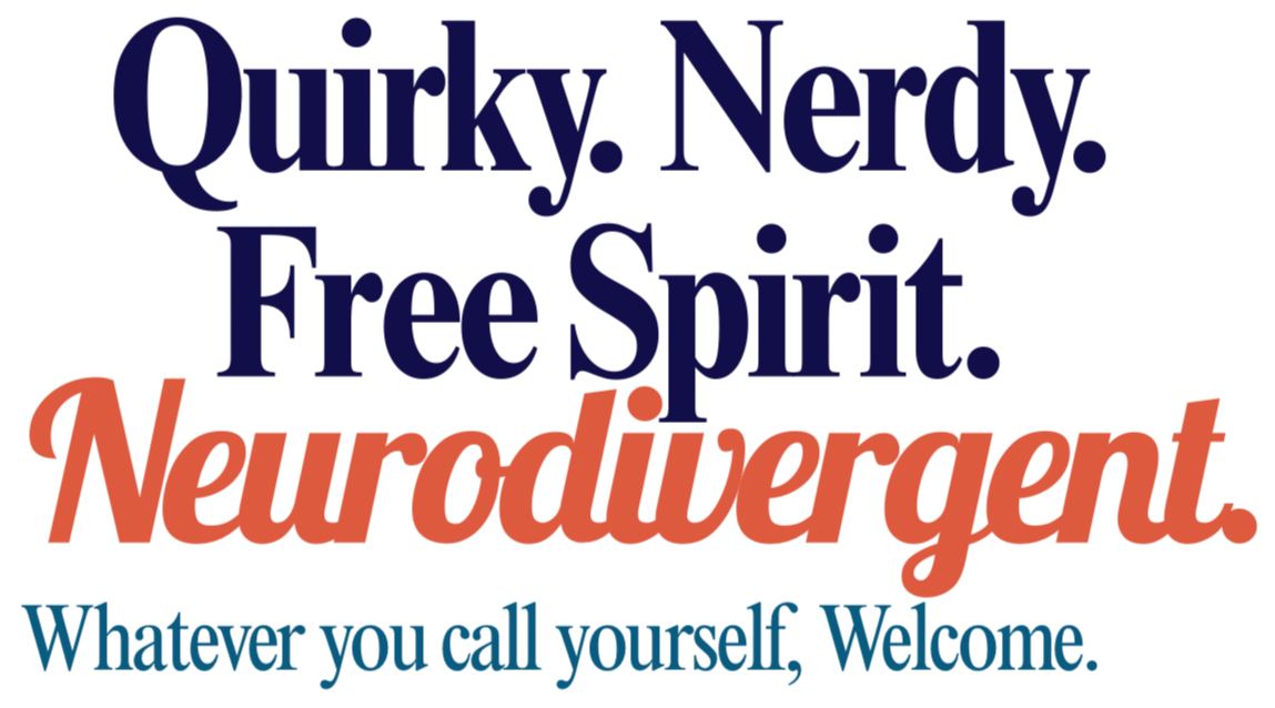 Stylized text that reads "Quirky News, Living Spirit, Neurodivergent" with additional smaller text below.
