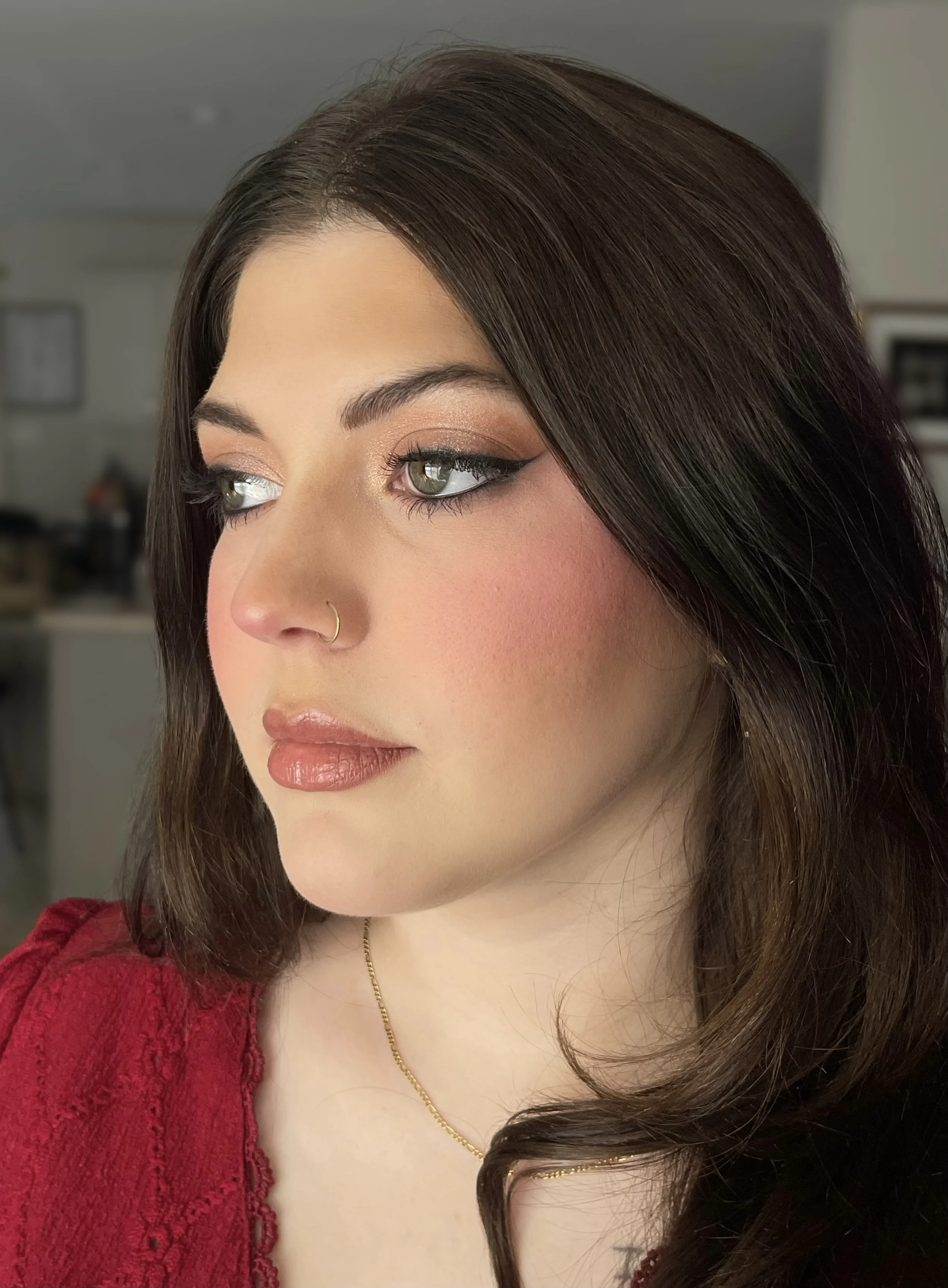 Close-up of a woman with long dark hair, makeup including soft eyeshadow, eyeliner, and glossy lips, wearing a red top and a delicate gold necklace, indoors with a blurred background.