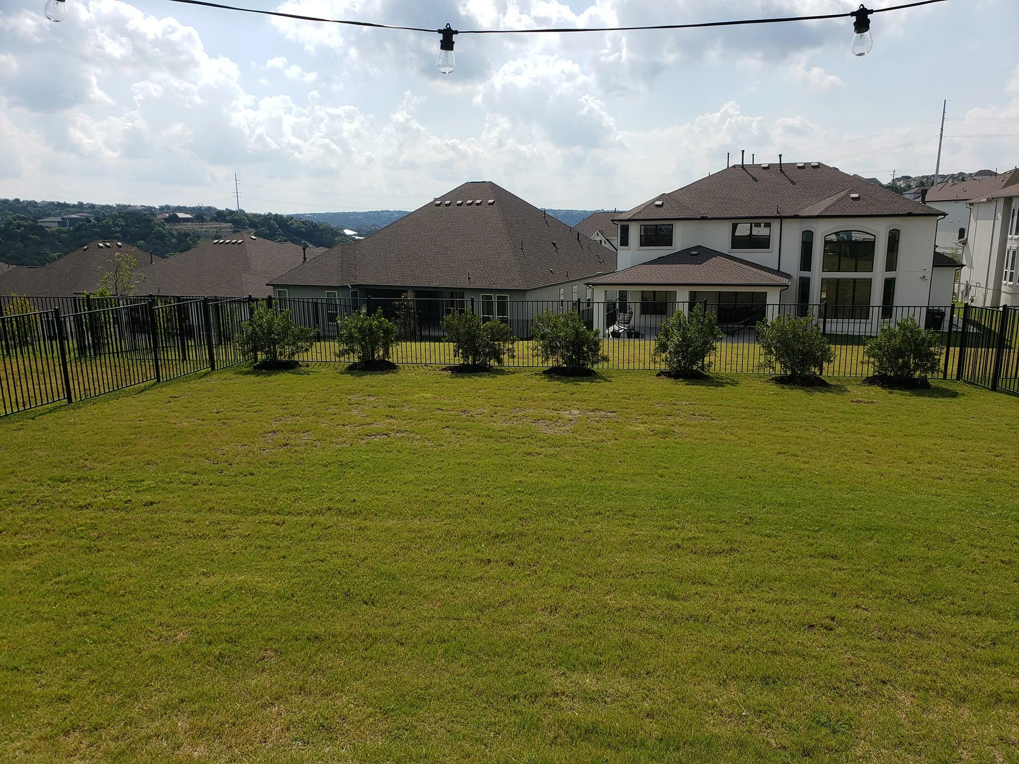 Backyard with green grass, a black fence, small bushes along the fence, and neighboring houses with brown roofs under a partly cloudy sky with hanging string lights