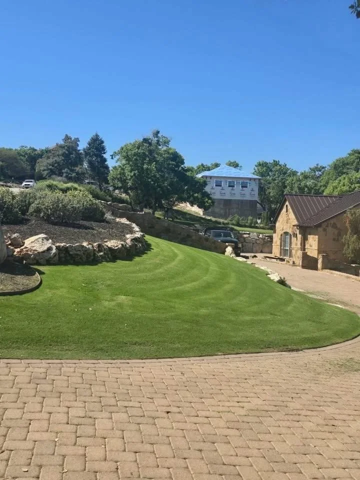 A well-maintained front yard with a paved pathway, green grass, trees, and a house in the background under a clear blue sky.