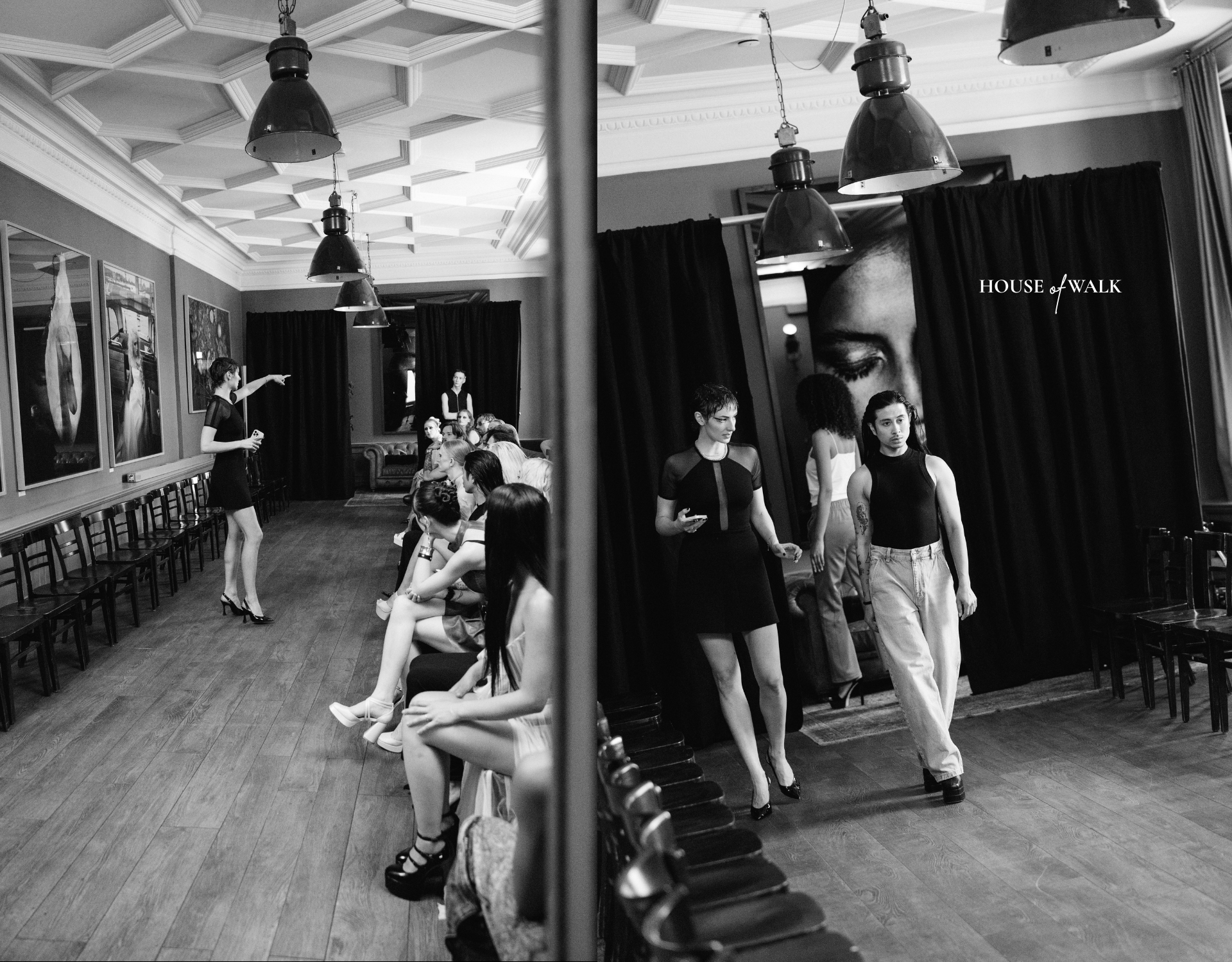 Zwei Szenen in einem Raum, einer ist eine Modenschau mit einer Modells und einem Publikum sitzend, die andere zeigt zwei Models auf einer Bühne oder auf dem Laufsteg, in Schwarz-Weiß-Foto, mit dem Text "HOUSE of WALK".
