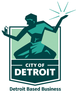 Illustration of a person with a crown holding a lightning bolt, with the text 'City of Detroit' and 'Detroit Based Business' at the bottom.