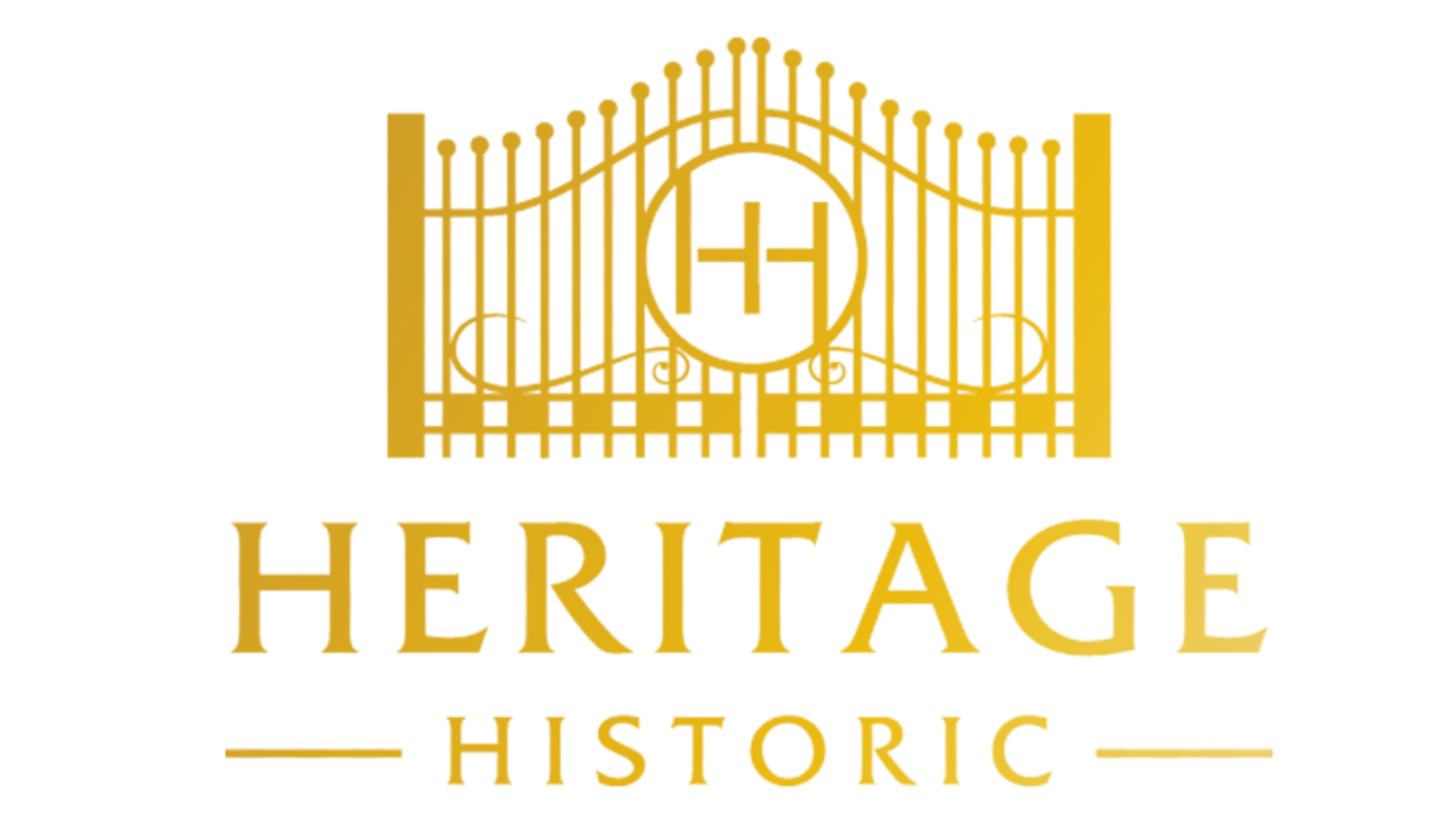 Golden logo with a stylized gate and the text "Heritage Historic" beneath it.