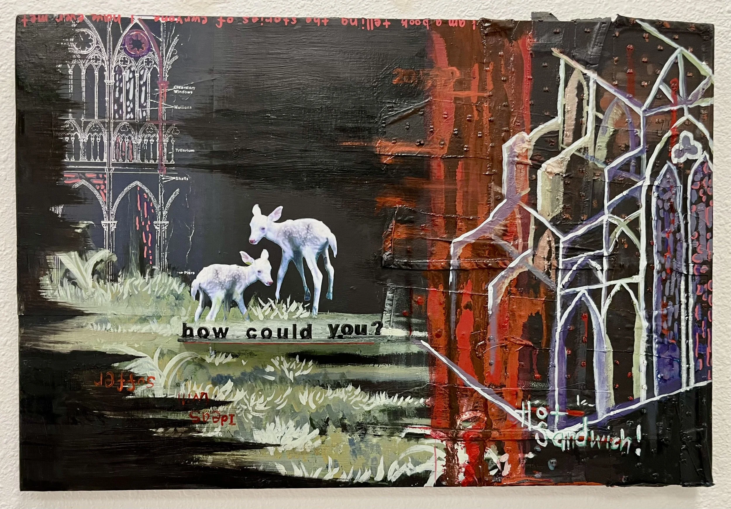 "Tainted Innocence" (1), Mixed Media and Oil on Panel, 16” x 24” x 1”, 2025