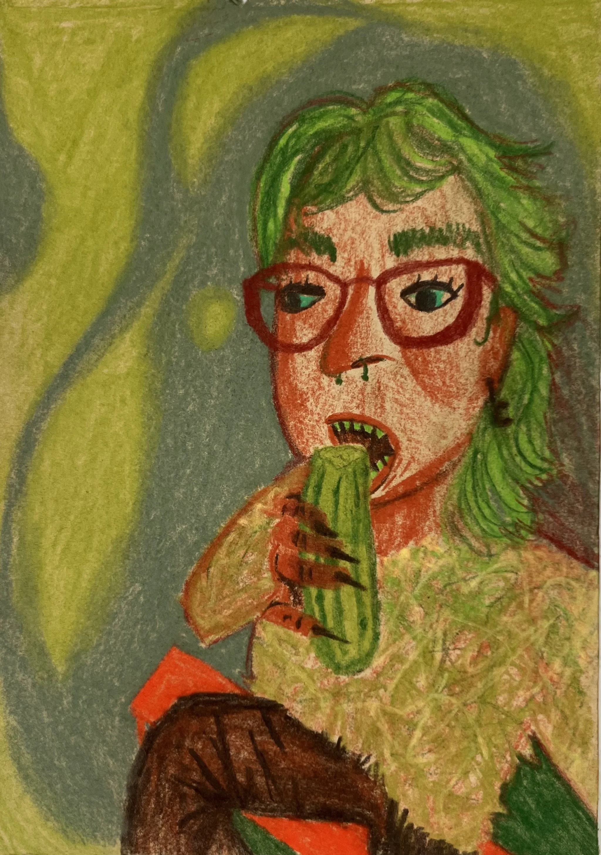 "Hot Mama Pickle"
4"x6", 
Chalk Pastel and Pencil on Paper, 
2024