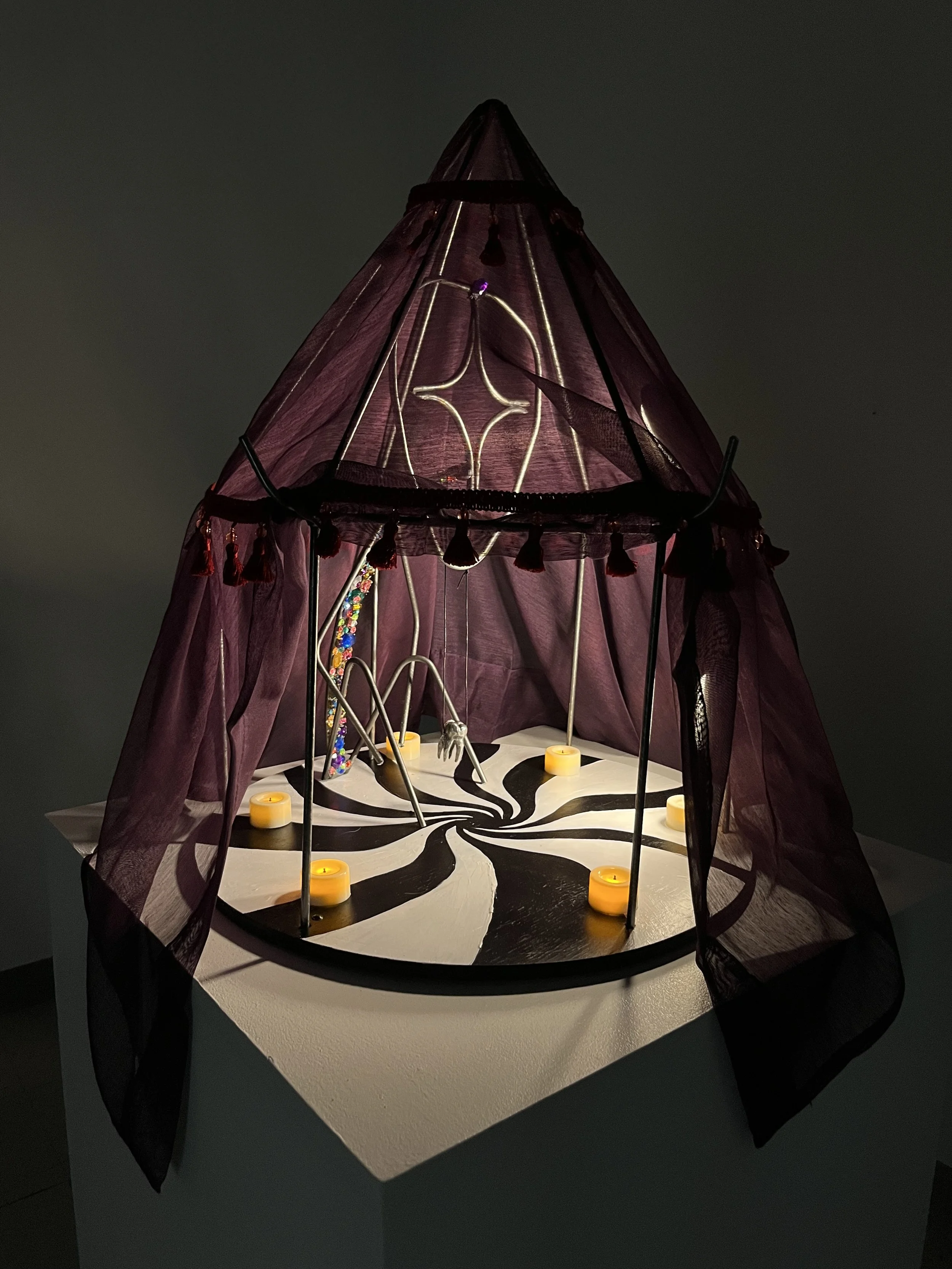 "Delicate Creature"
19.5“ Diameter x 24” H (Tent Structure)
18.5” H x 7” W x 7” D (Figure), 
Welded steel rod, rhinestones, fabric, tassel, wood base, LED touch lights, 
2025