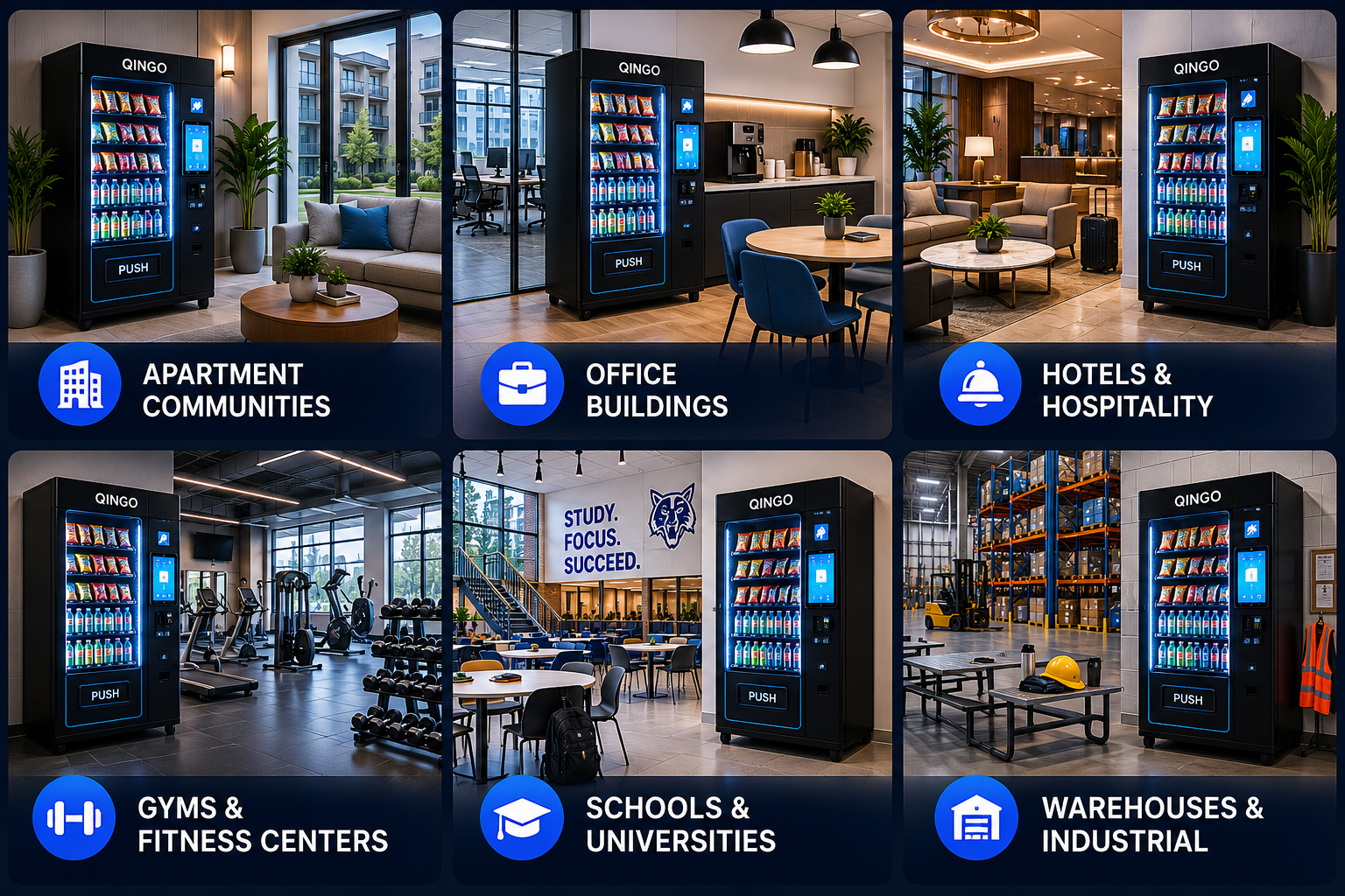 Multiple vending machines in various indoor settings, including apartment communities, office buildings, hotels and hospitality, gyms and fitness centers, schools and universities, and warehouses and industrial spaces, with icons indicating each setting.