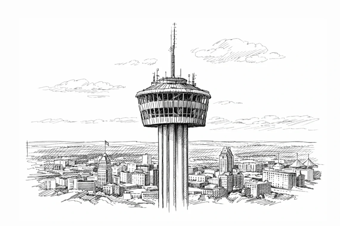 San Antonio, Texas skyline sketch with the Tower of the Americas.