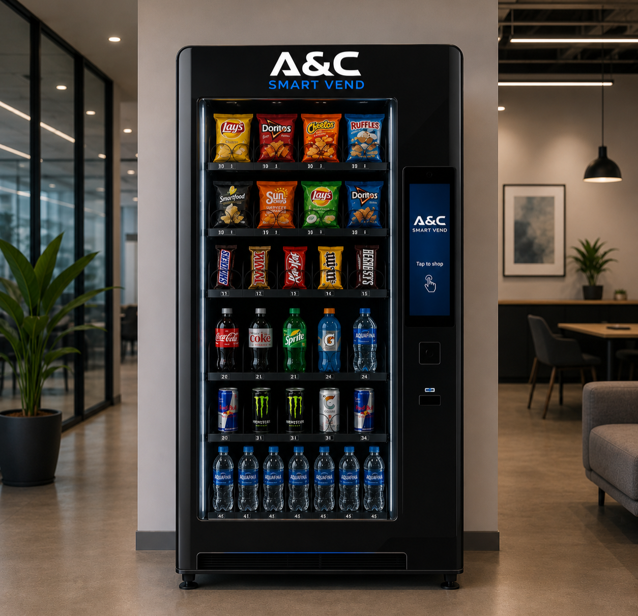 A modern vending machine offering snacks and drinks, located in San Antonio, TX office lounge.