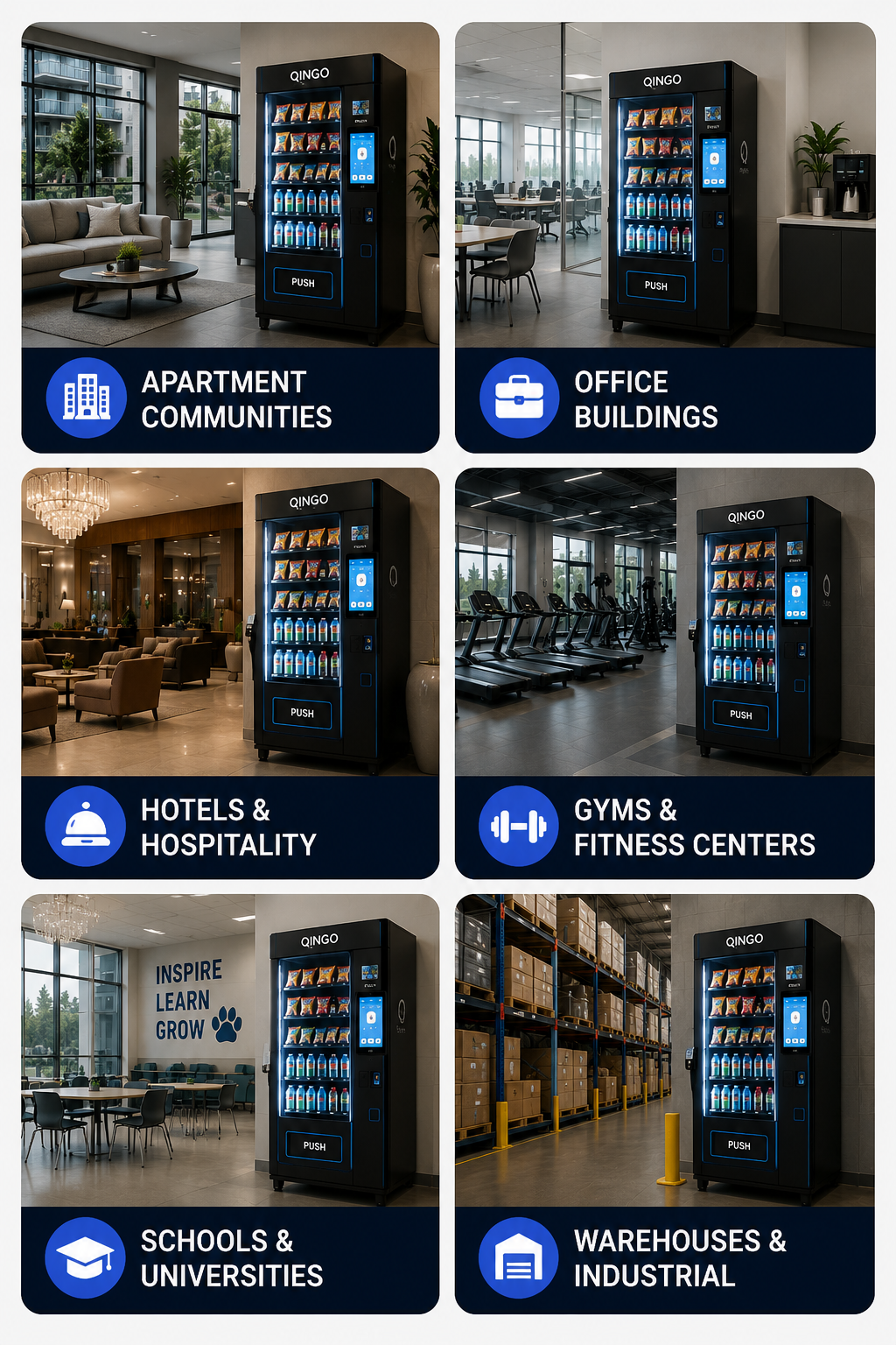 Smart vending machines in various settings such as apartments, offices, hotels, gyms, schools, and warehouses.