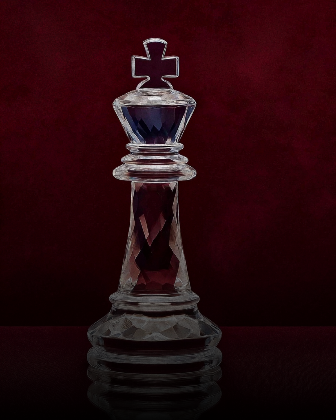 A single crystal glass chess king piece against a deep burgundy velvet background — editorial image representing strategic financial leadership and long-game thinking, It's Cindy Kumar
