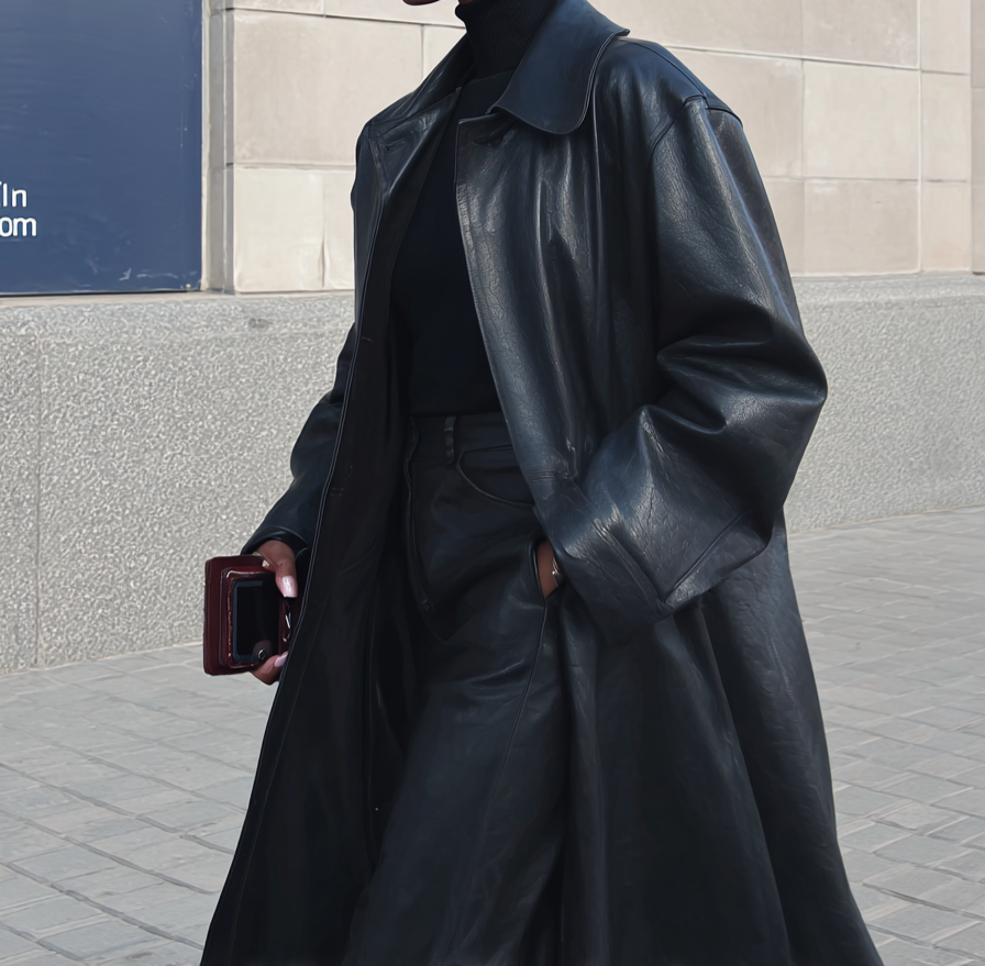 Person wearing a long black leather coat, black turtleneck, and black pants, holding a red phone, walking outdoors near a brick wall.