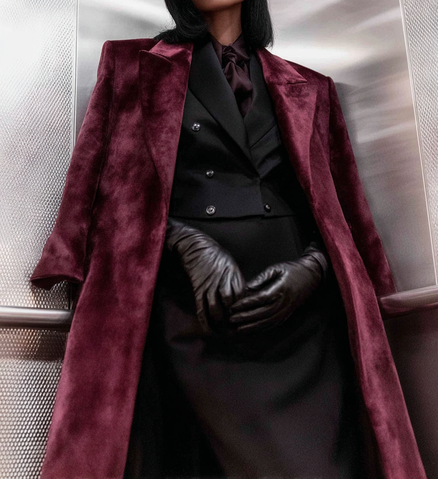 floor-length burgundy velvet coat and black double-breasted blazer, wearing black leather gloves, standing in a steel elevator — editorial brand portrait representing elevated financial authority, It's Cindy Kumar