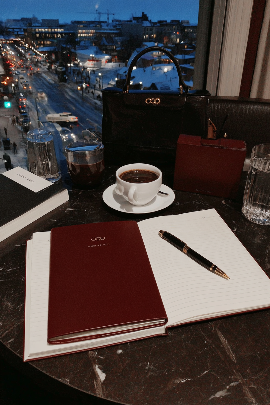 Burgundy leather notebook and open lined journal with a gold pen on a dark marble table beside a white coffee cup, black structured handbag, and crystal glassware — snowy city street visible through the window at night — editorial brand image.