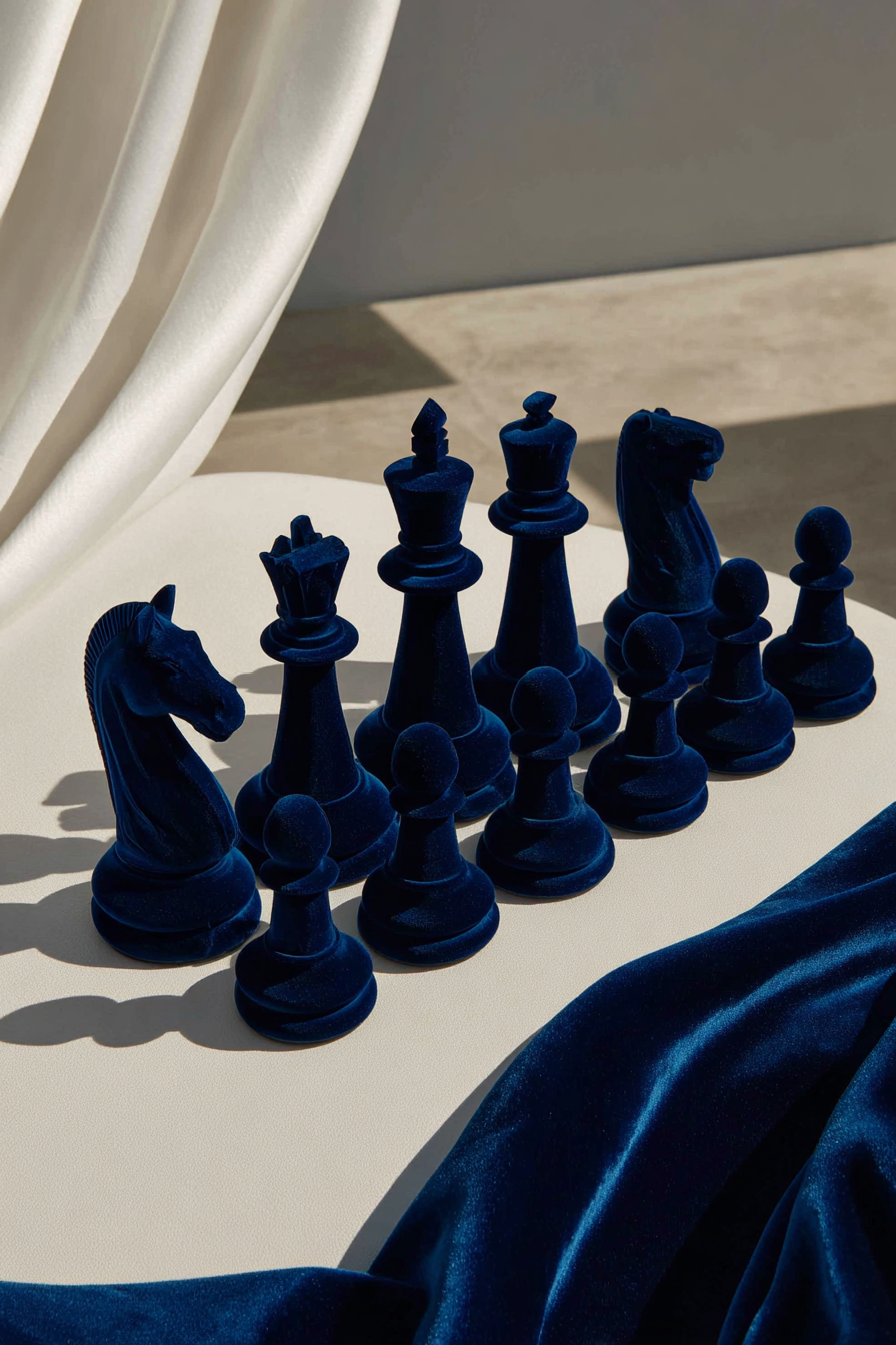 Set of blue velvet chess pieces arranged in starting positions on a white surface, with sunlight casting shadows. Navy velvet chess pieces arranged on a white surface beside draped blue velvet fabric — editorial image representing strategic financial