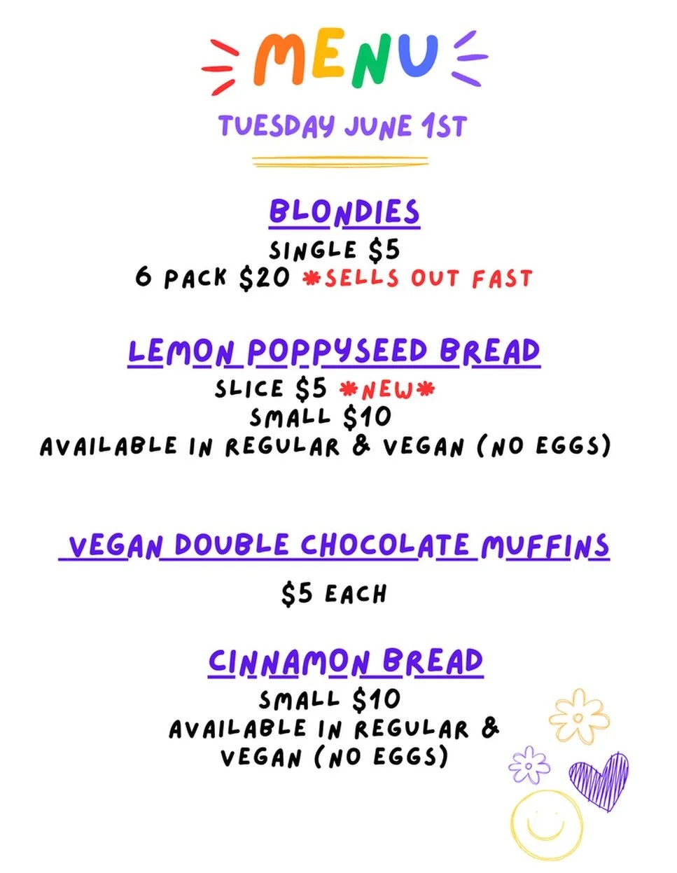 Today&rsquo;s menu! See you soon @farmersmarketatforestpark from 12:30-6pm today! Also, HAPPY PRIDE MONTH!! As a member of the LGBTQAI+ community, all are welcome at my table and always will be! It is such a nice feeling to love and be loved for exac