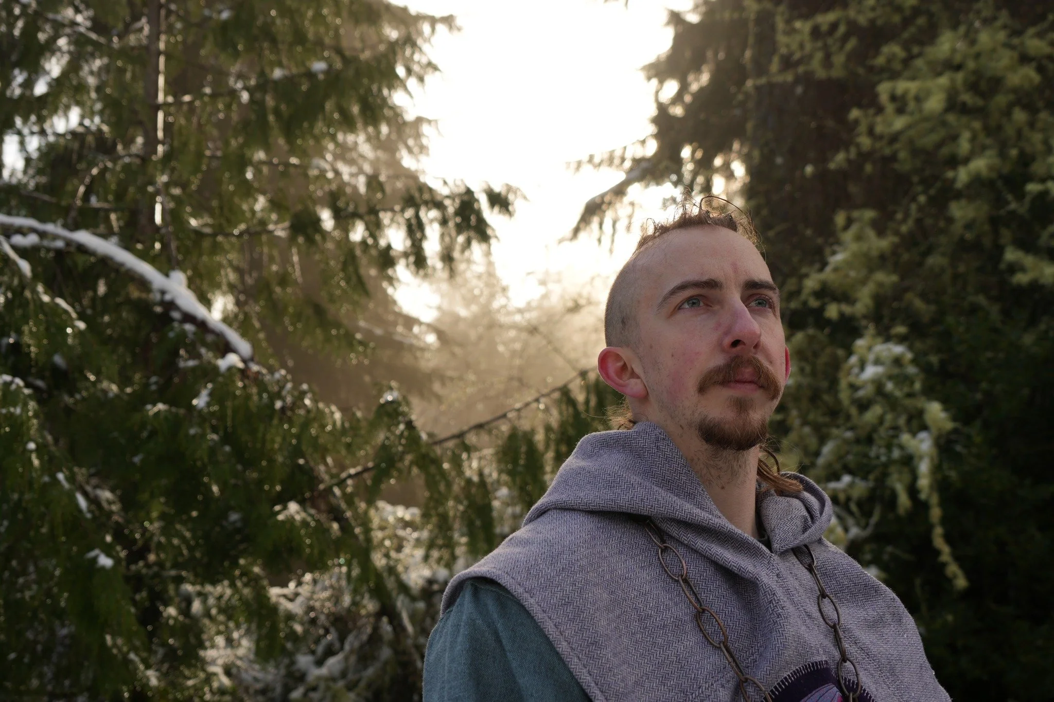 Syr Richard staring off in the distance, medieval garb and soft sunlight in the background