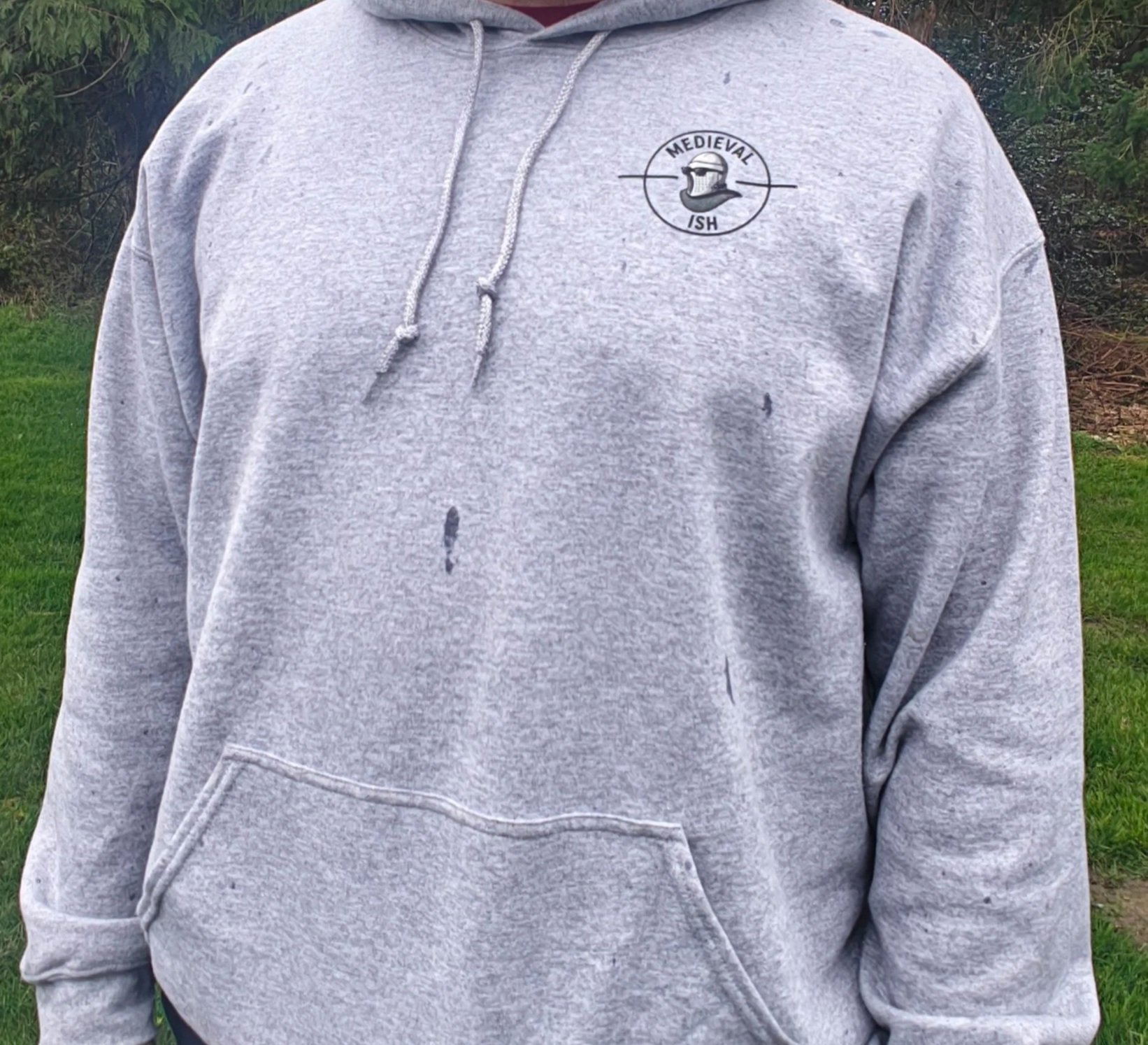 gray hoodie with medievalish logo front left