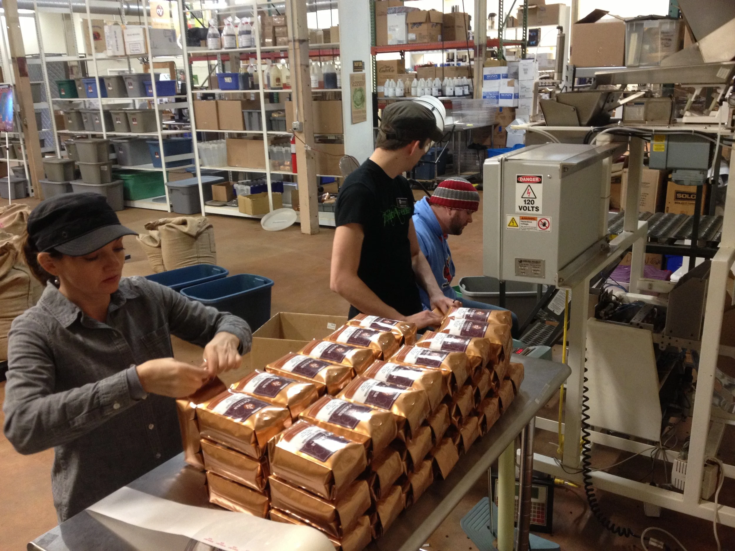 Bagging freshly roasted beans