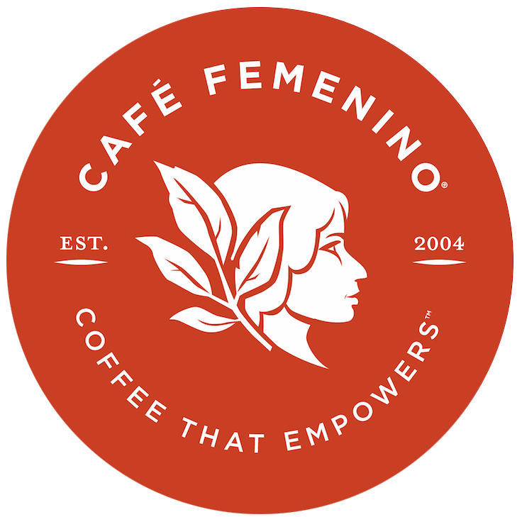 Café Femenino logo featuring white female profile on red circle background