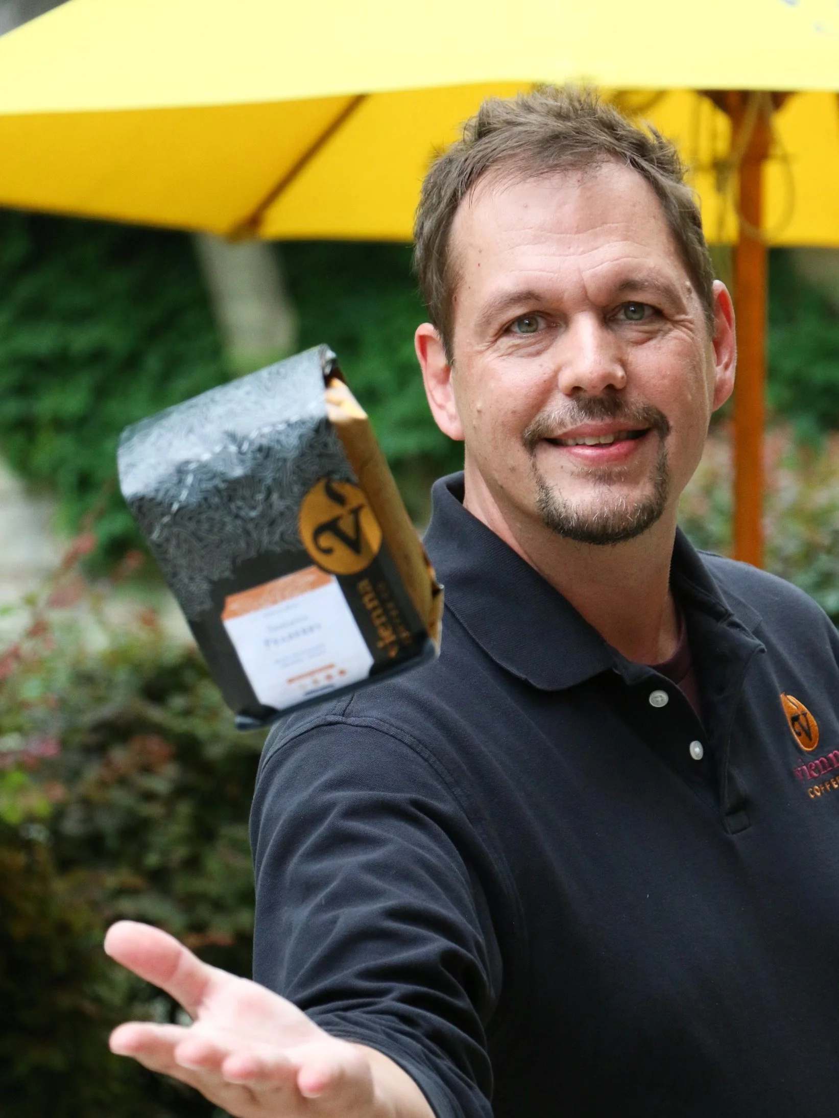 Matt Bolt with his current favorite, Vienna Coffee's Tanzanian Peaberry