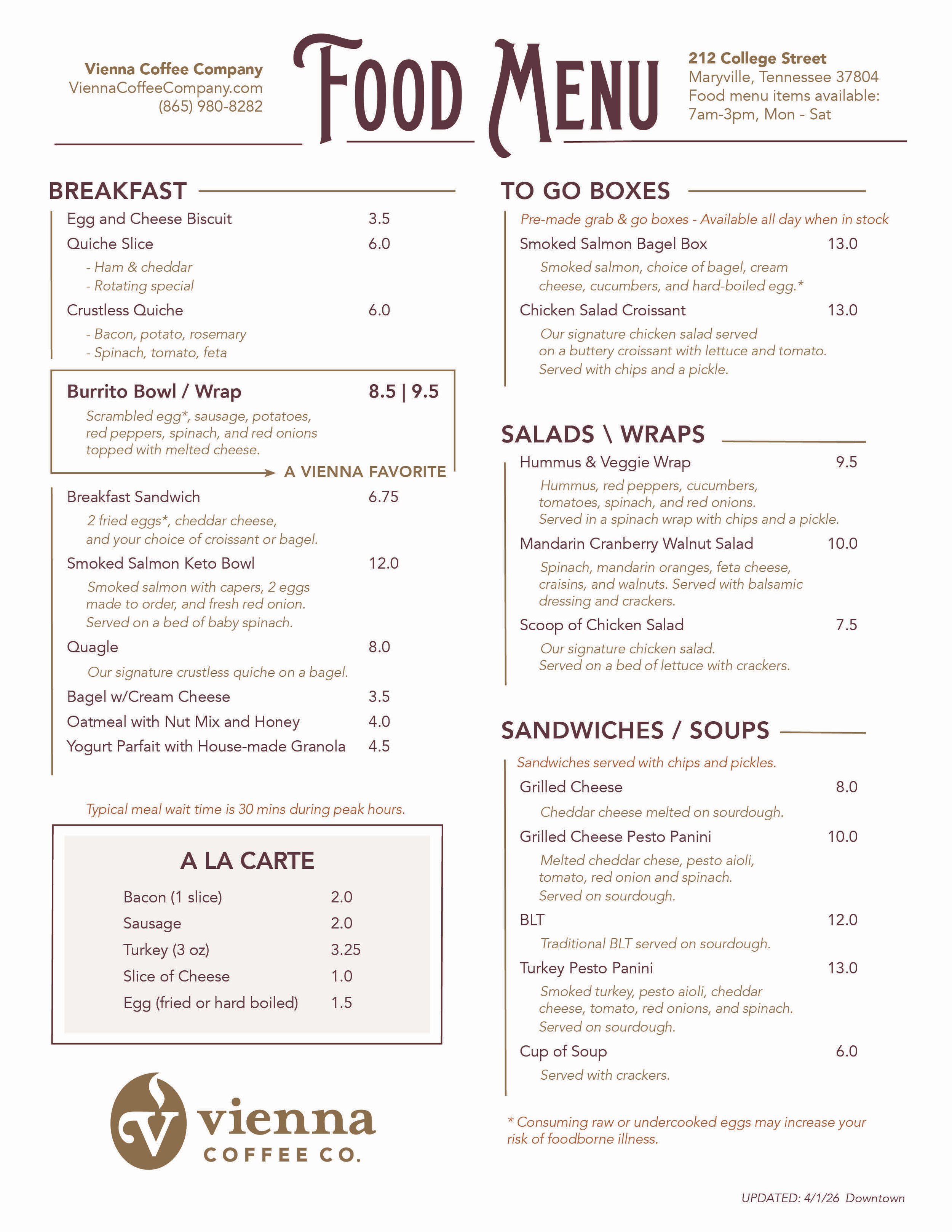 Vienna Coffee Company Food Menu with breakfast, to go boxes, salads, sandwiches, soups