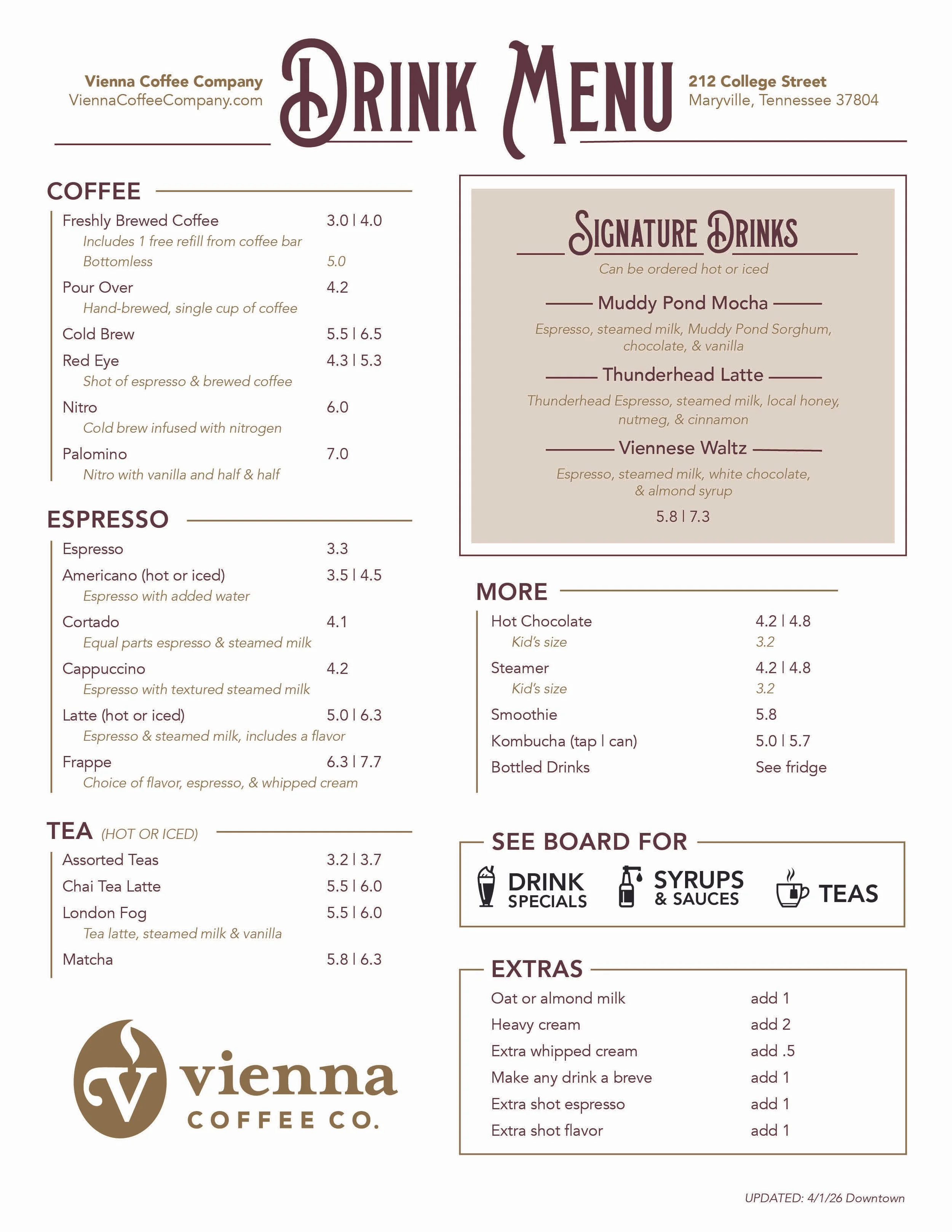 Drink menu including cappuccino, latte, tea, espresso, pour over, and signature drinks