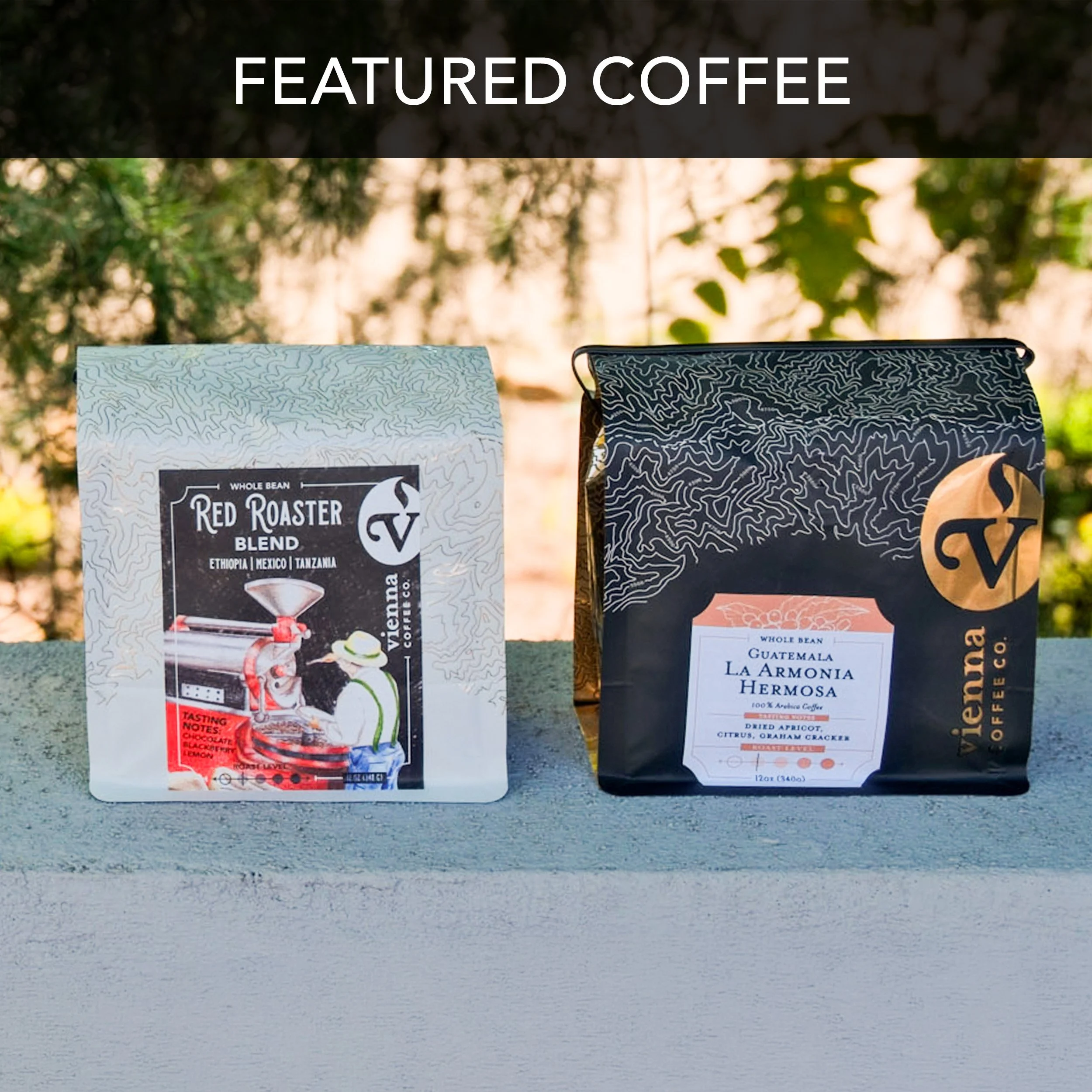 two bagged coffees sitting on a concrete wall outside in front of trees