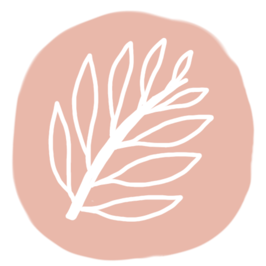 Simple line drawing of a leaf on a pink circular background.