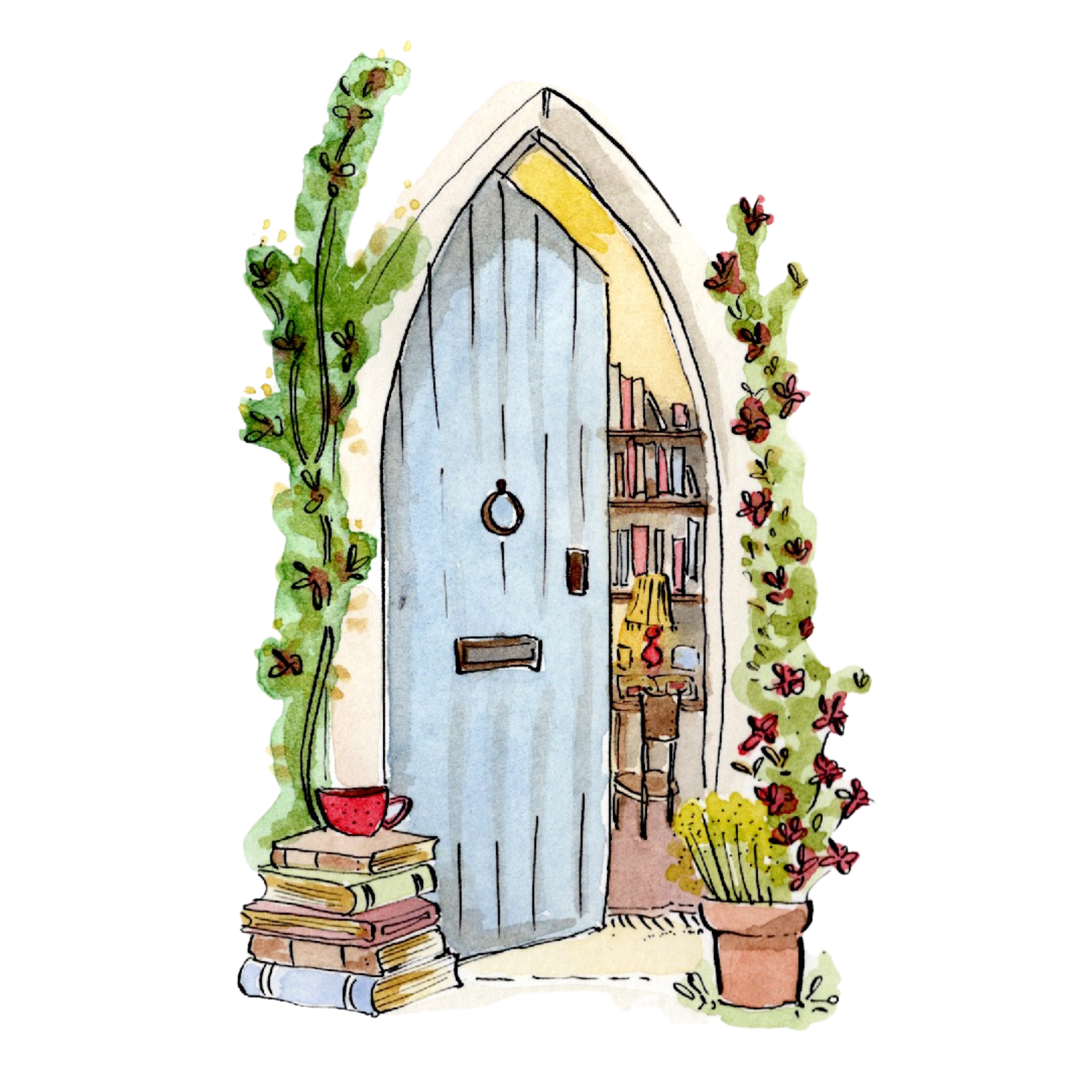 Watercolor illustration of a house with a steep roof, surrounded by green ivy with pink flowers, a stack of books, a red cup with a yellow lid, and a small table with a lamp.