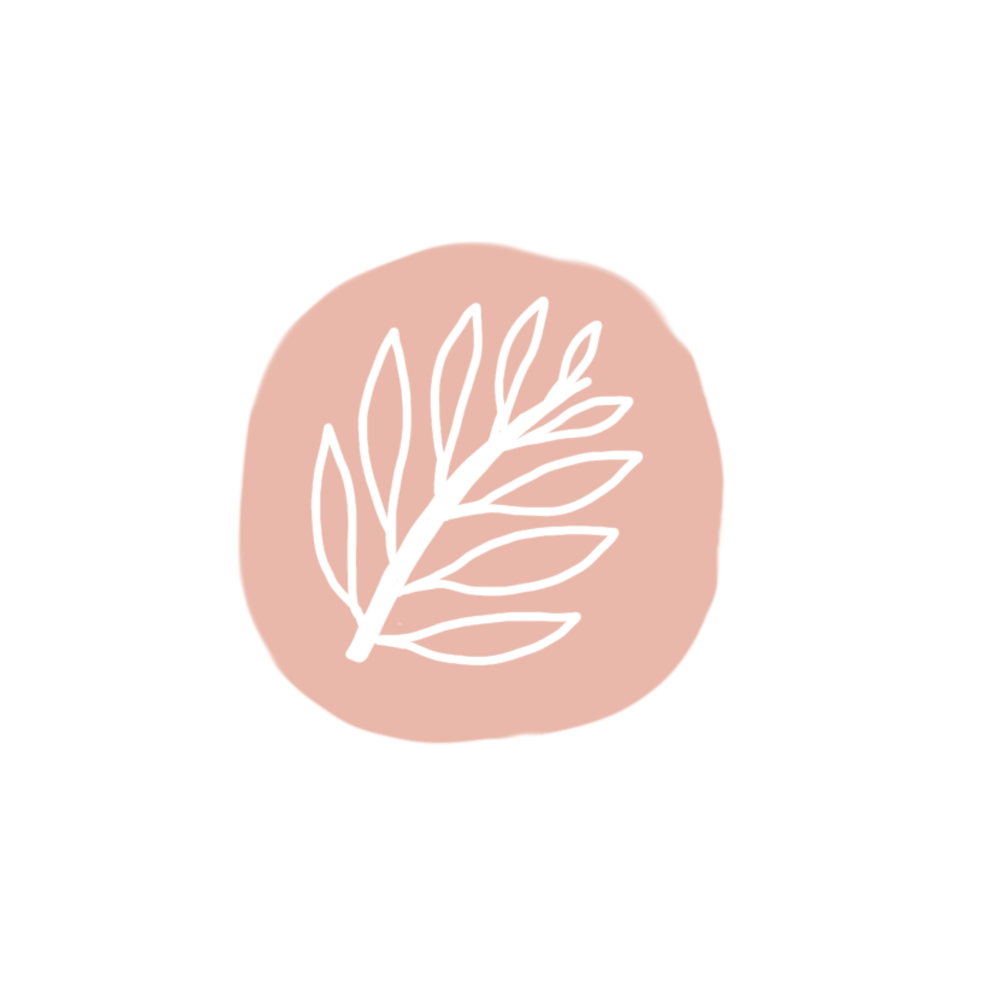 Decorative graphic with a pink circle containing a white branch with leaves, above a black background with white and red lines.