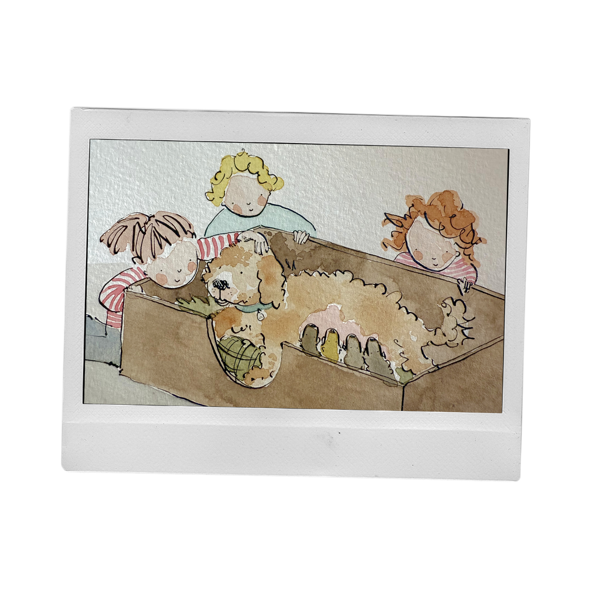 Illustration of three children with blonde, brown, and curly red hair playing with stuffed animals and toys in a toy chest.