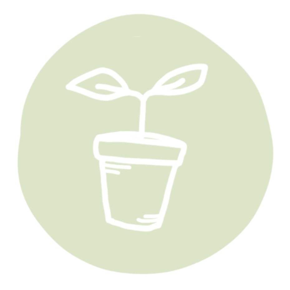 A simple line drawing of a potted plant with two leaves on a round, light green background.