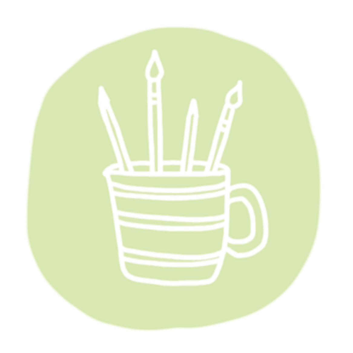 Outline drawing of a mug with five paintbrushes inside it, set against a light green circular background.