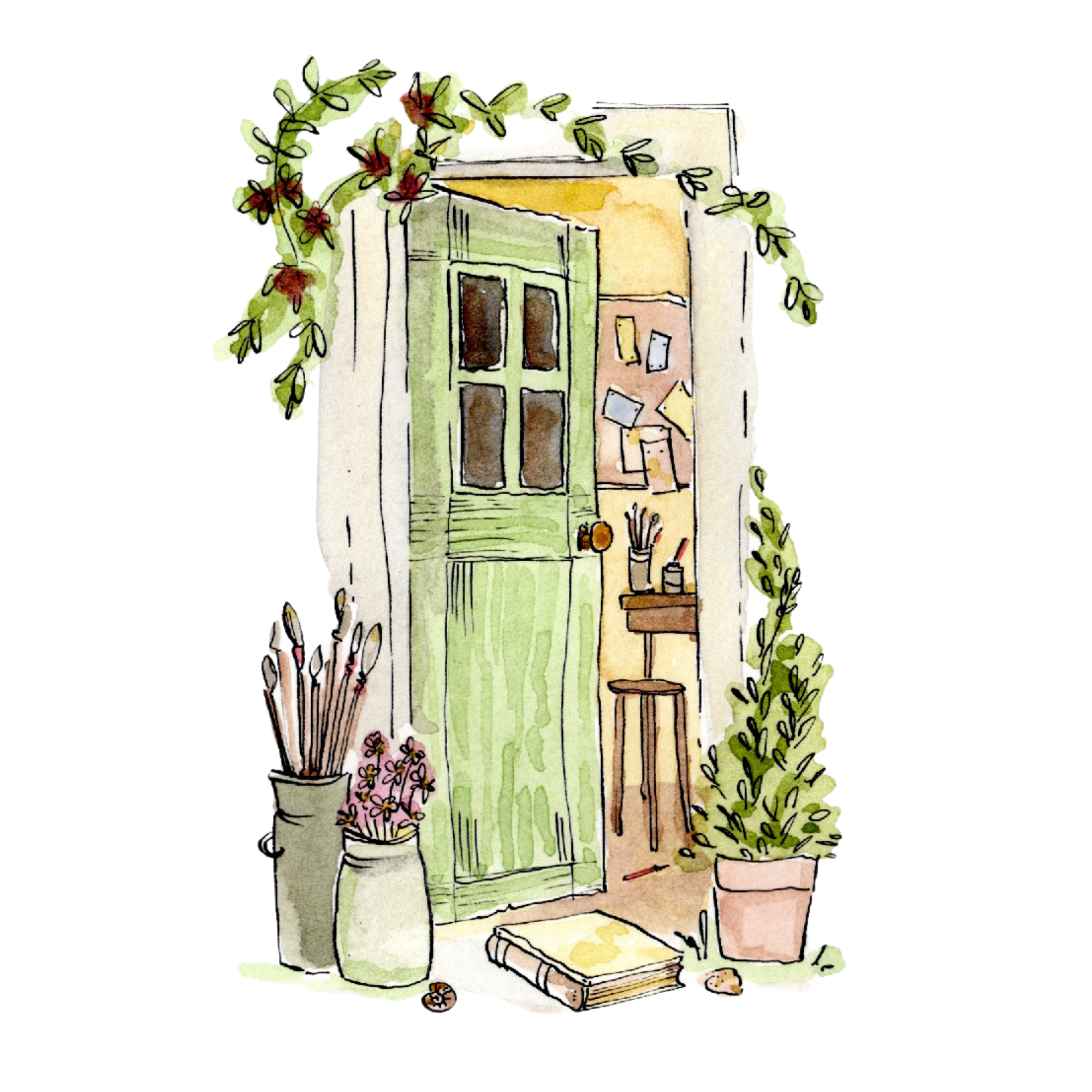 Watercolor illustration of a cozy bookshelf corner decorated with green plants, books, and small decorative items.