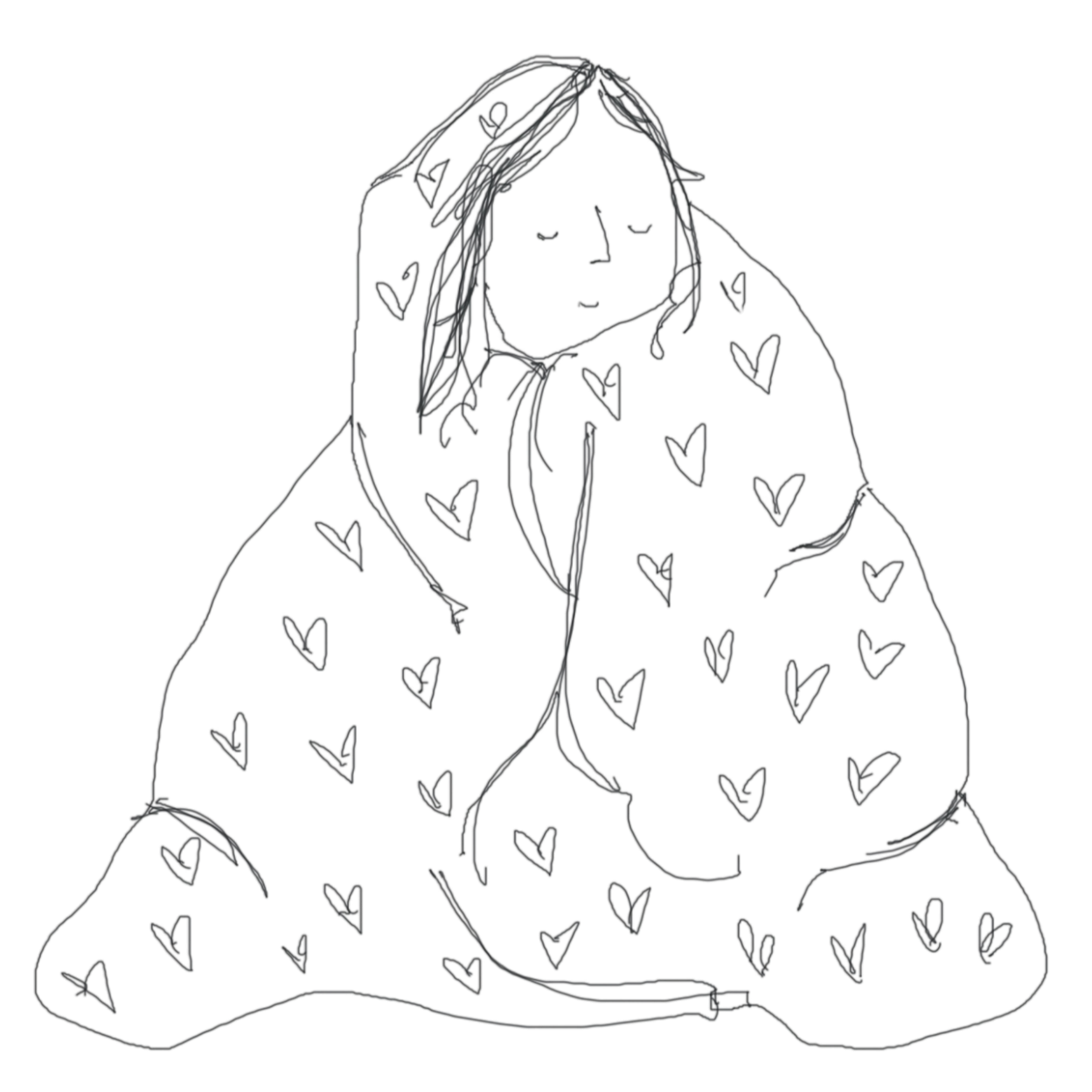 Line drawing of a person with eyes closed, wearing a hooded garment decorated with heart shapes, sitting cross-legged with hands resting on knees.