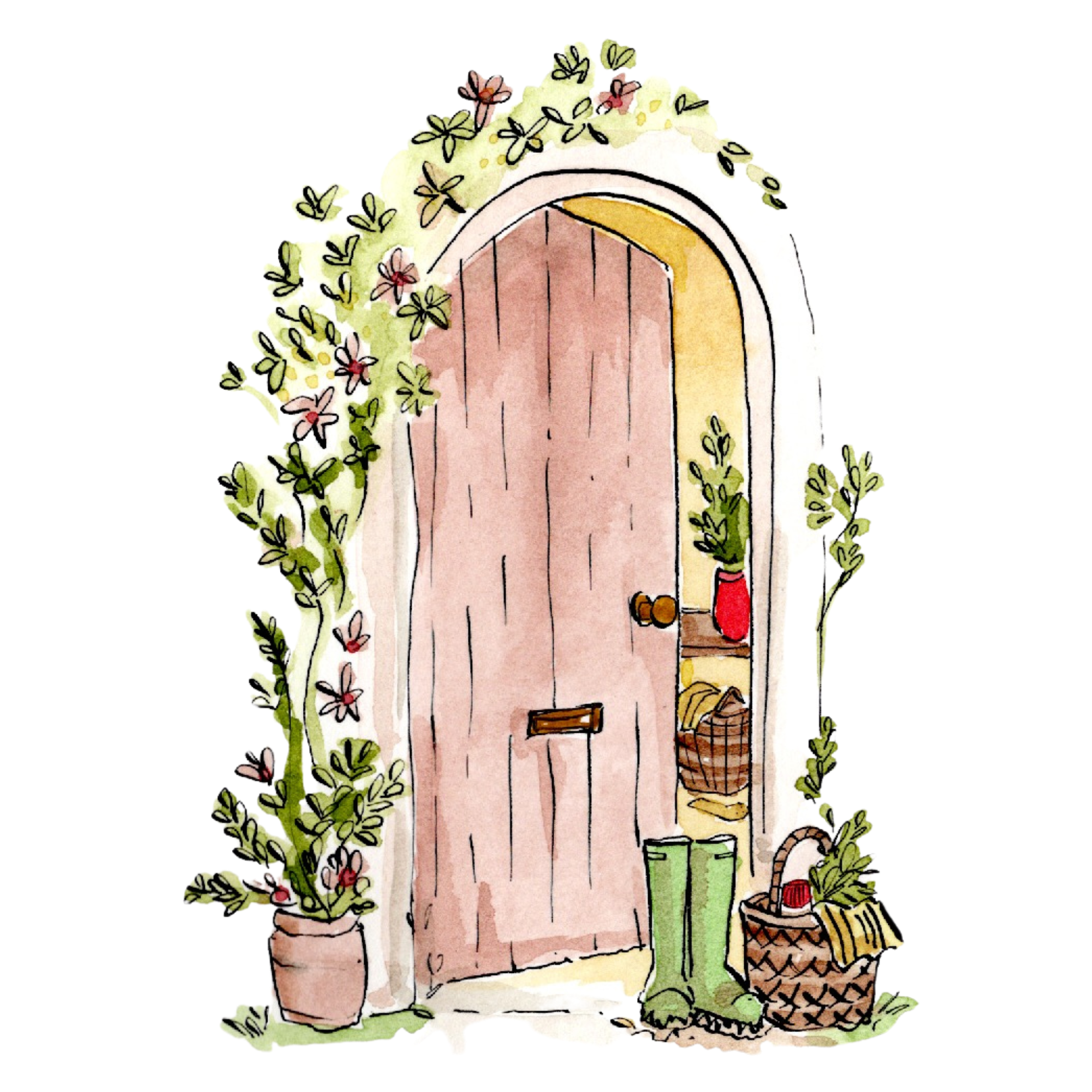Watercolor illustration of a cozy cottage entrance surrounded by green plants, flowers, a potted plant, a wicker basket, and a watering can.