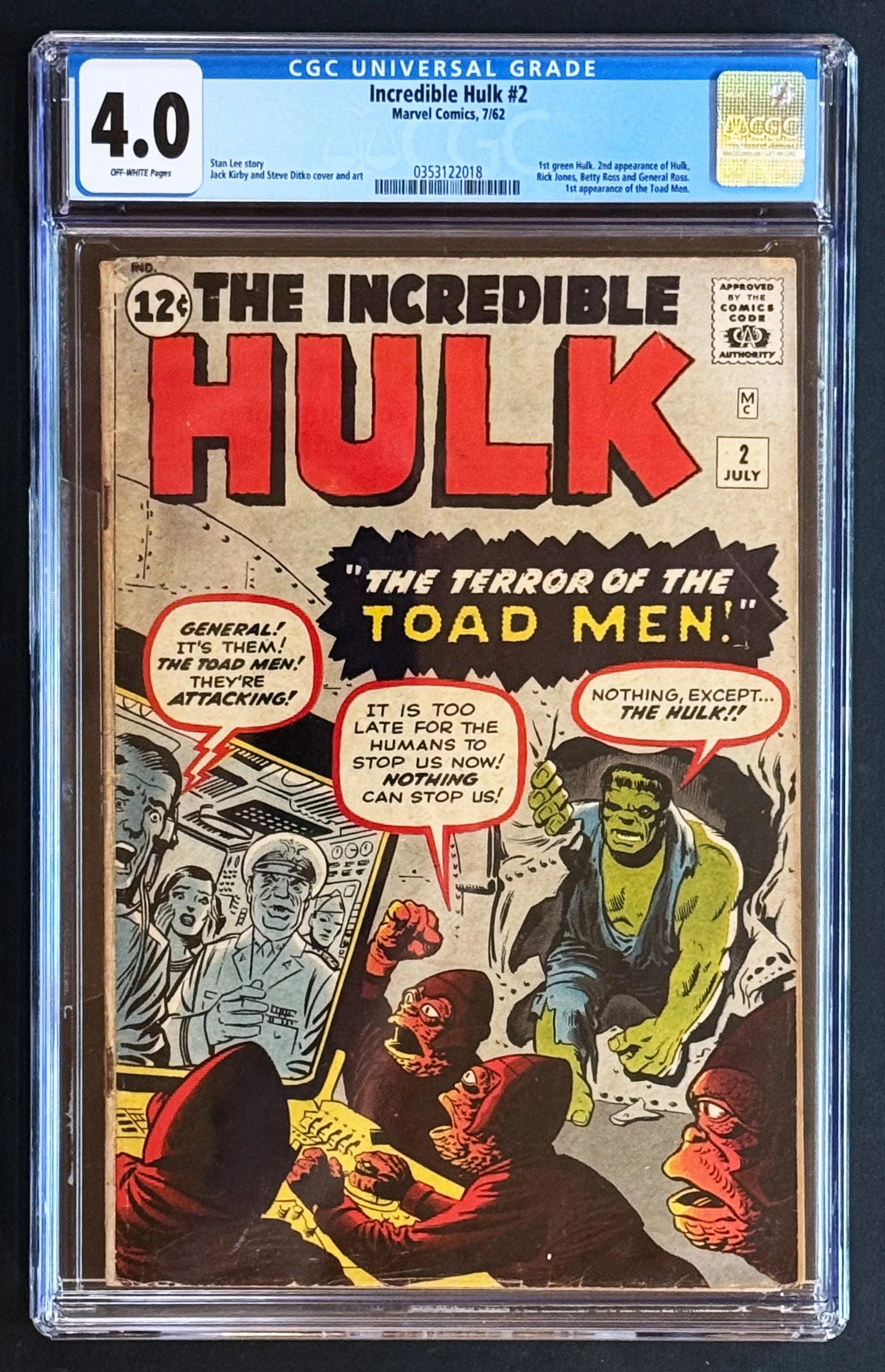 Incredible Hulk #2 — The First Green Hulk / CGC 4.0 (Marvel, 1962)