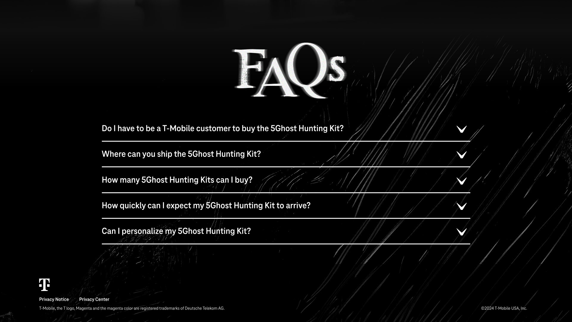 FAQs section on a dark background with white text asking common questions about the 5Ghost Hunting Kit, such as purchase requirements, shipping, quantity, delivery time, and personalization, with dropdown arrows for each question.