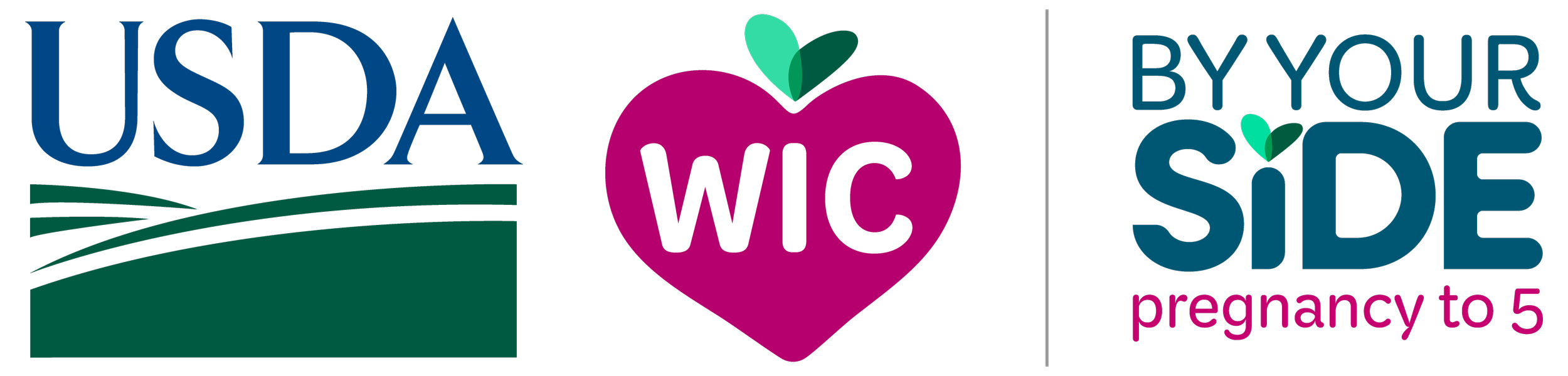 USDA WIC logo the text 'by your side' with a small green heart on the letter 'i' and the phrase 'pregnancy to 5' in pink.