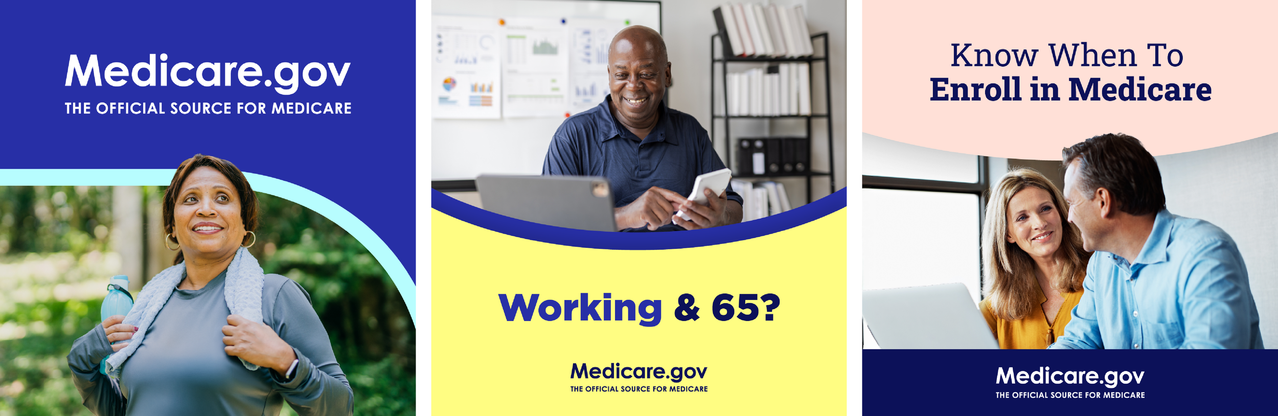 Collection of informational graphics and advertisements with texts about Medicare enrollment and working age.