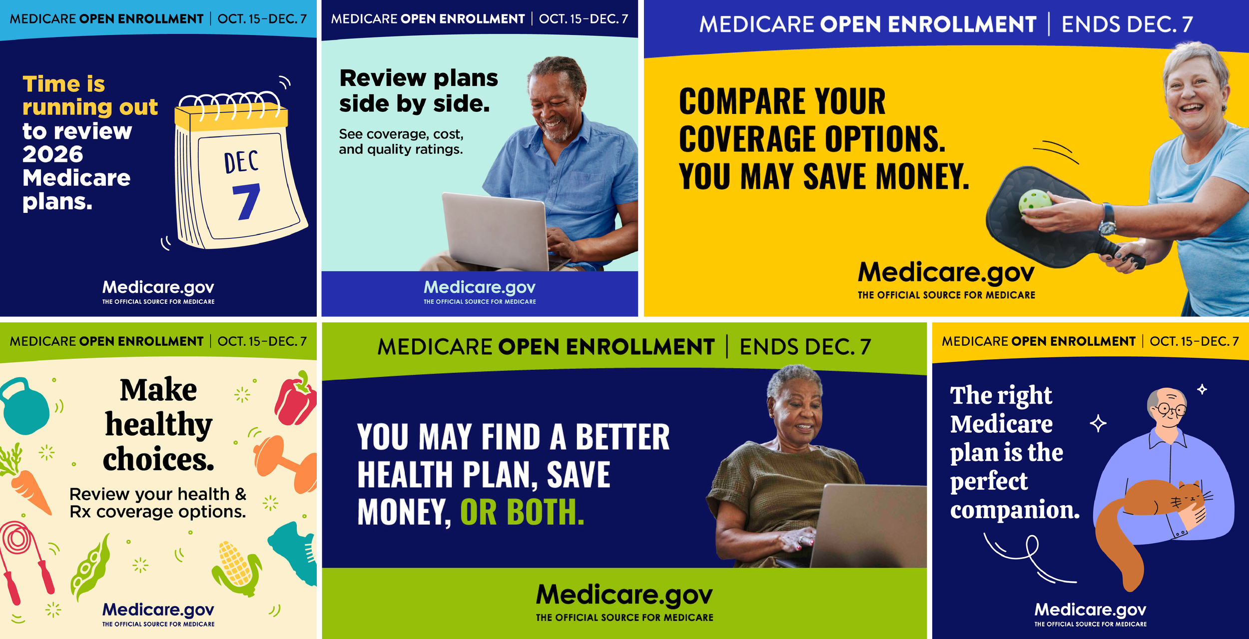 A collage of six colorful digital advertisements promoting Medicare open enrollment from October 15 to December 7, featuring messages about reviewing plans, comparing coverage options, making healthy choices, and finding better health plans, with images of diverse smiling people and healthcare-related illustrations.