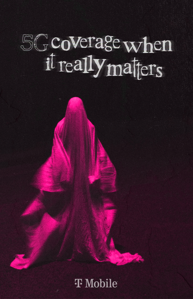 A figure in pink fabric. Text above reads "5G coverage when it really matters." Logo at bottom for T-Mobile.