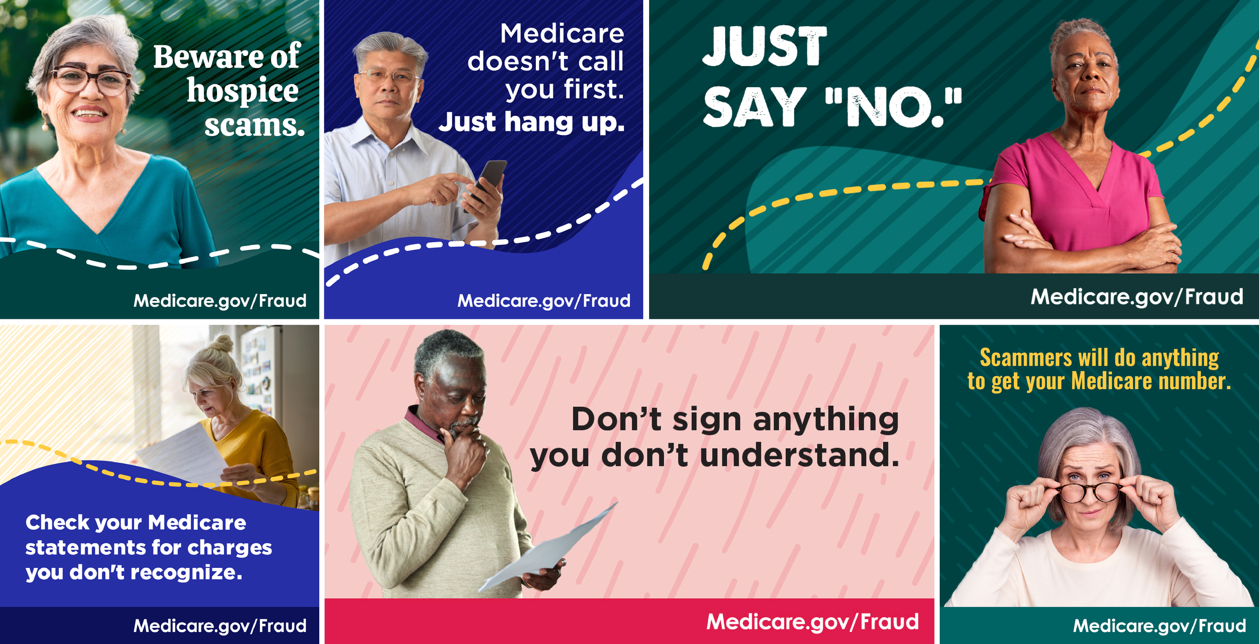 photos of diverse individuals and advice such as "Beware of hospice scams," "Medicare doesn’t call you first. Just hang up," "Just say 'No,'" "Check your Medicare statements for charges you don’t recognize," and "Don’t sign anything you don’t understand."