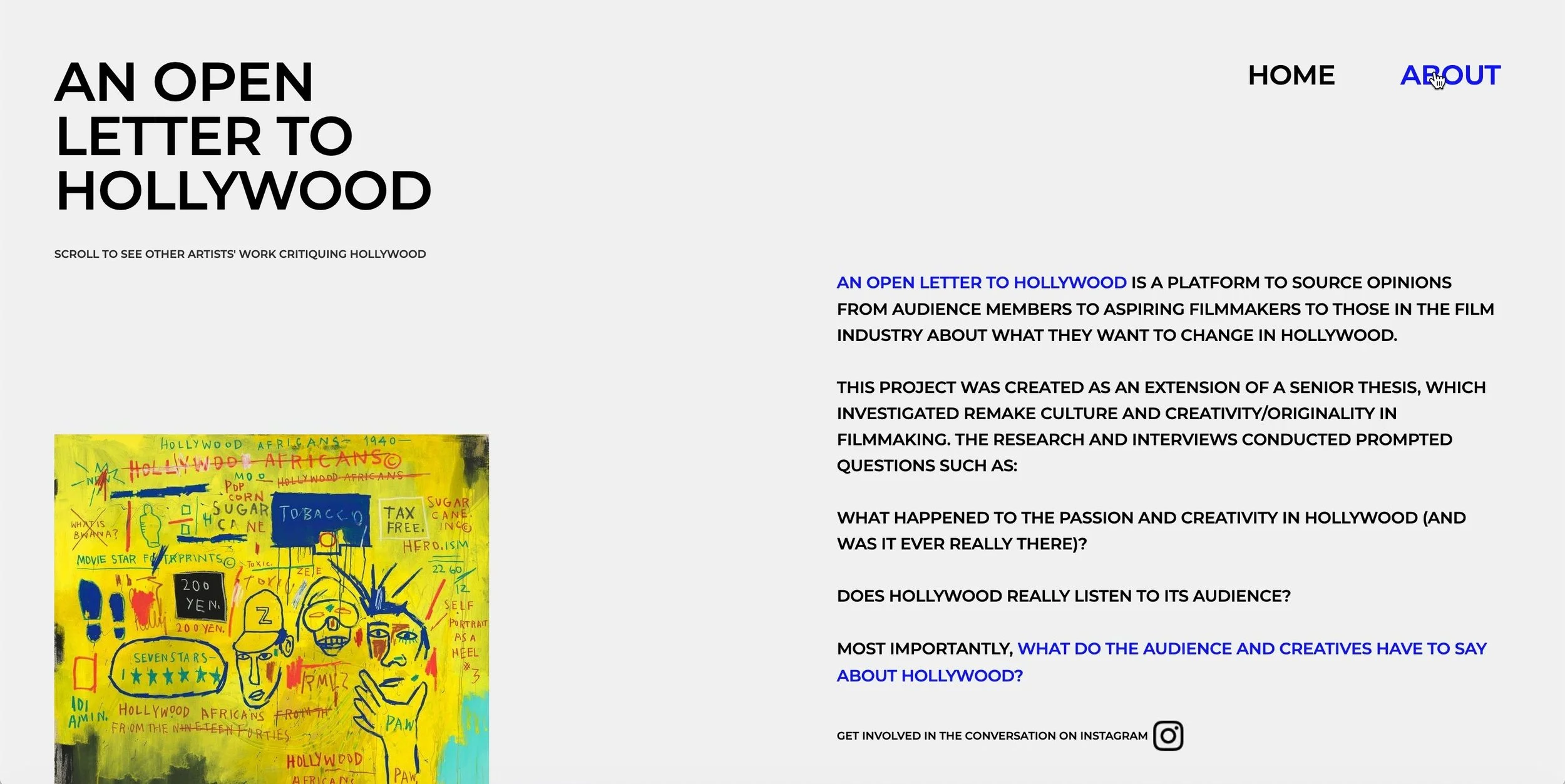 A webpage titled 'An Open Letter to Hollywood' with black text on a light gray background. The page includes menu options 'Home' and 'About' at the top right, with 'About' in blue. Below the title, there is a paragraph explaining the platform and its purpose. To the left, there is a colorful, hand-drawn illustrated art piece with yellow background featuring various doodles, words, and symbols related to Hollywood and African culture.