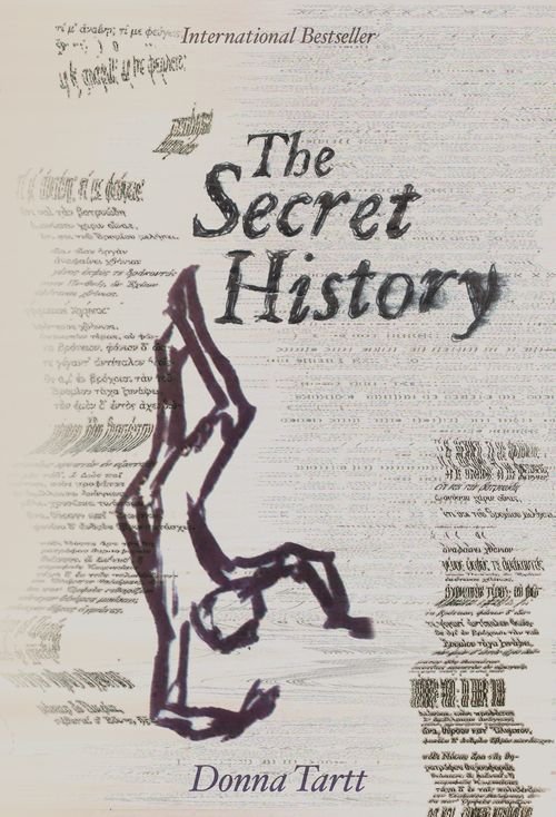 Book cover titled 'The Secret History' by Donna Tartt, featuring a distorted black and white illustration of a person falling, with a background of blurred text.