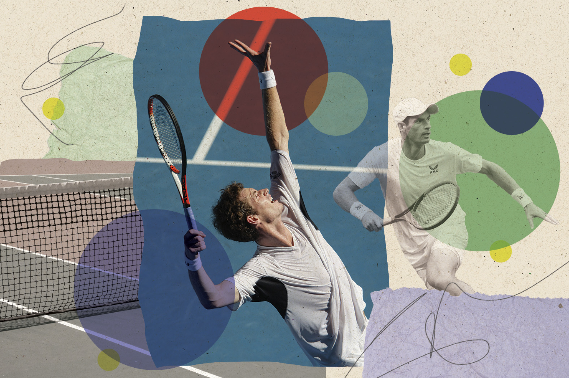 A collage of two tennis players, one hitting a ball with a racket and the other preparing to hit a shot on a tennis court, with abstract colorful circles and lines overlaying the image.
