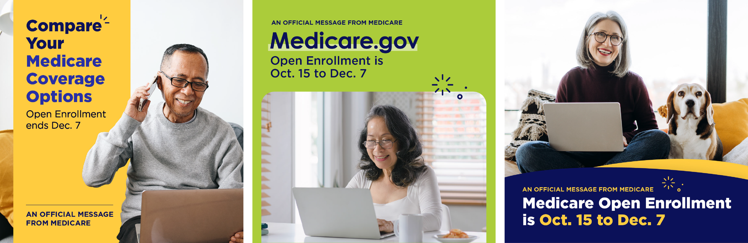 Medicare digital advertisements showing diverse people using laptops, advertising Medicare open enrollment from October 15 to December 7.