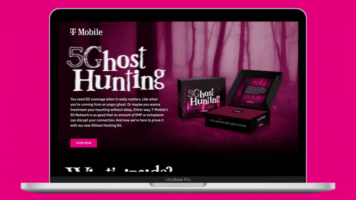 A MacBook Pro displaying a microsite for T-Mobile's 5G Ghost Hunting Kit.