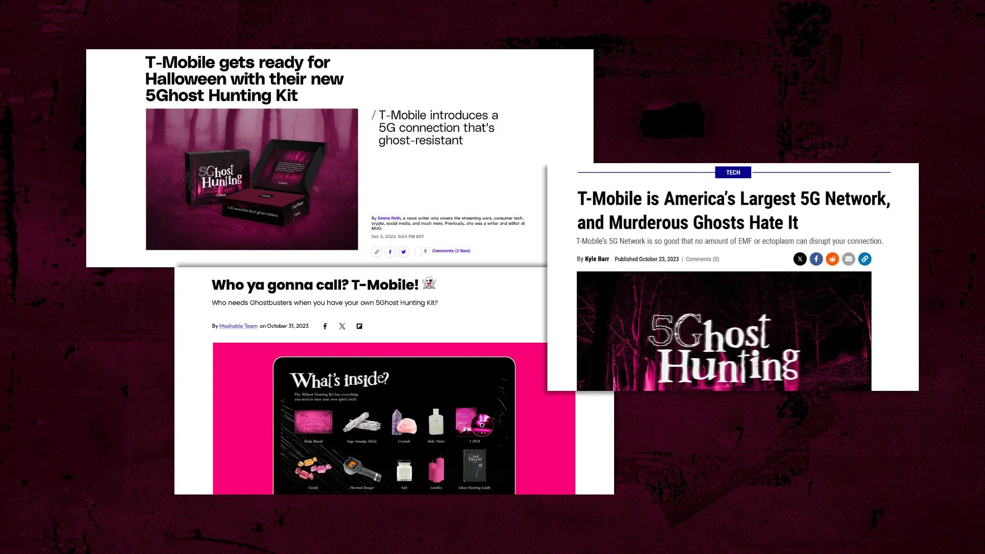 Three overlapping webpage screenshots with a Halloween and ghost hunting theme, featuring articles about T-Mobile's 5G Ghost Hunting Kit, a 5G network, and related ghost hunting accessories, set against a dark, textured background.